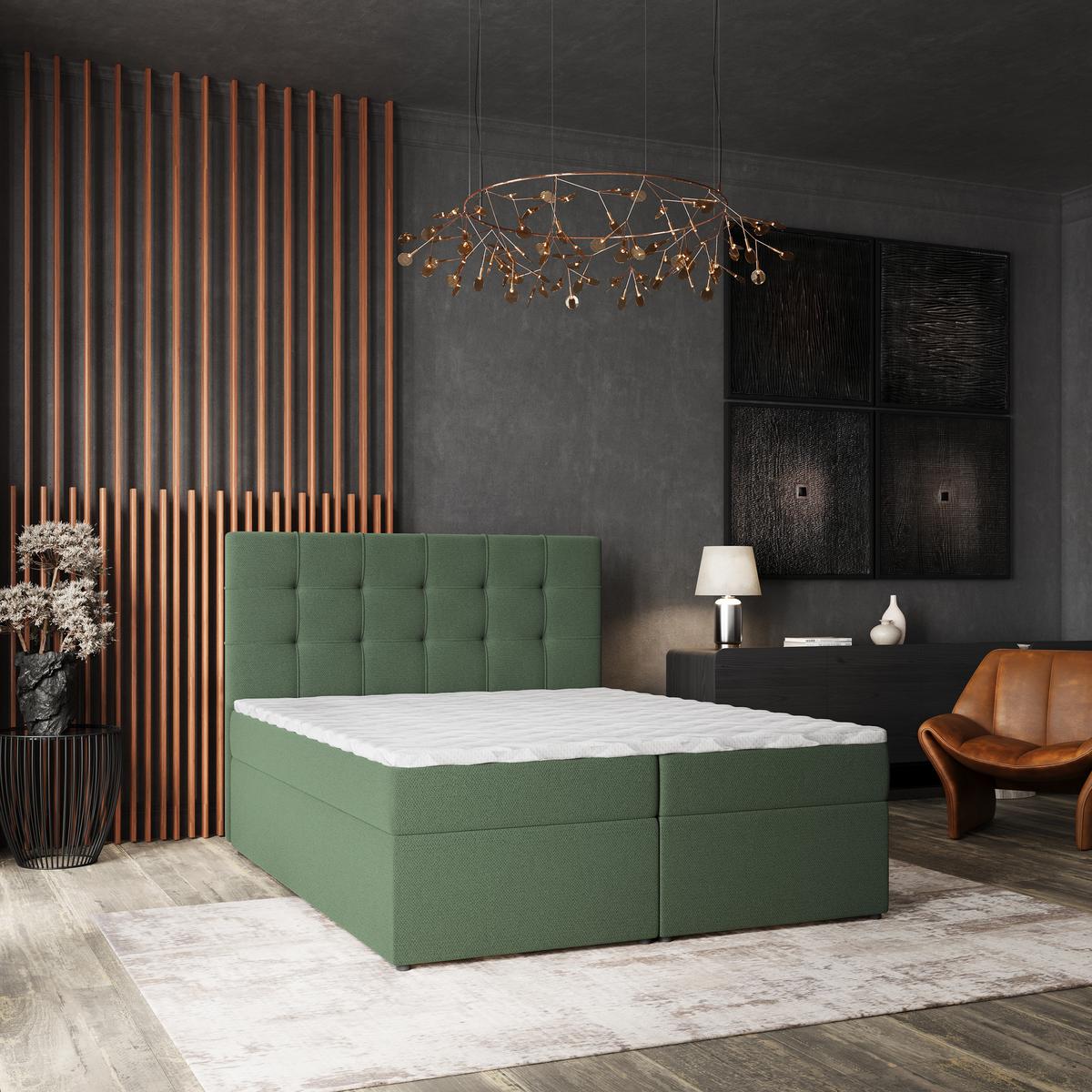 BOXBETT PALMA 140x200 cm mit Matratze und Topper, H2+H3 - Grün - Grün, Holz (140/200cm) - MASSENO