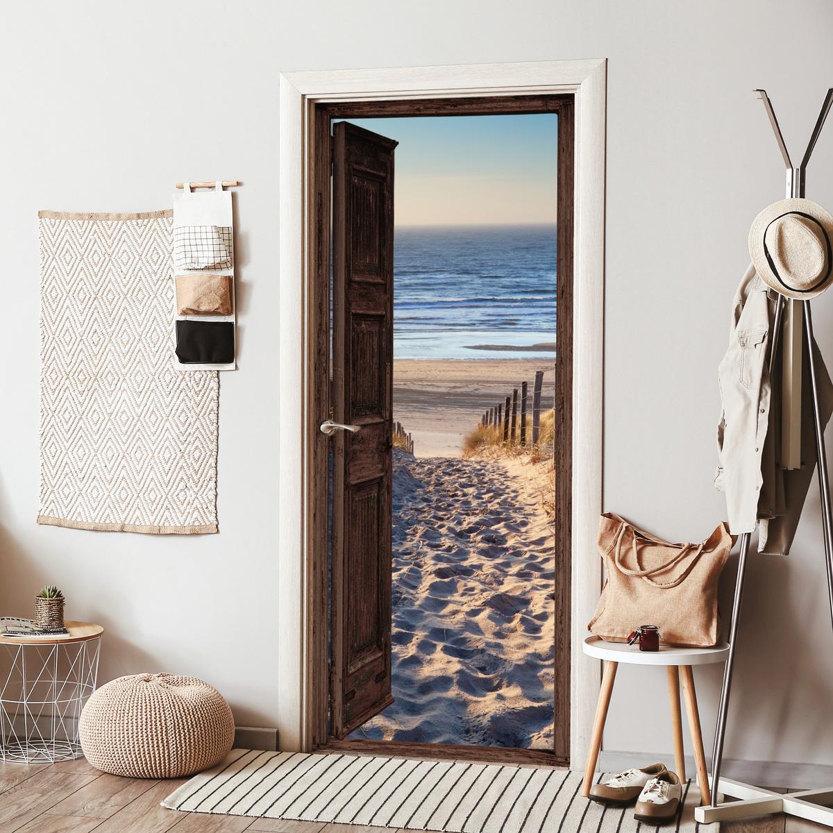 TÜRAUFKLEBER Durchblick - Strand - Meer - Weg - Dünen 90x215 cm - Türtapete - Sandfarben, Kunststoff (90/0.1cm) - MuchoWow