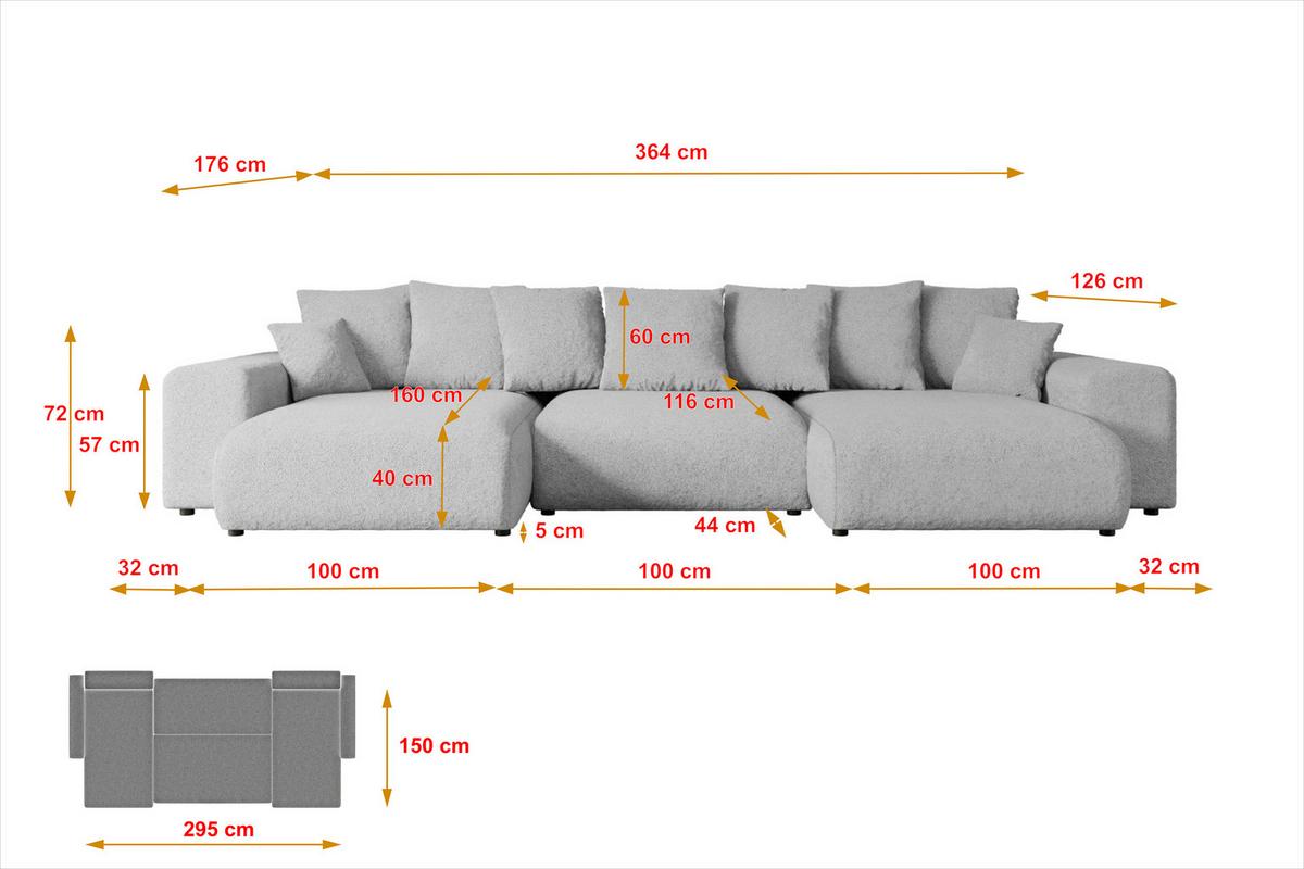 WOHNLANDSCHAFT mit Schlaffunktion ESKAR-U -364x176x72cm Grau Bouclé - Hellgrau/Schwarz, Holzwerkstoff/Kunststoff (364/72/176cm) - ALTDECOR