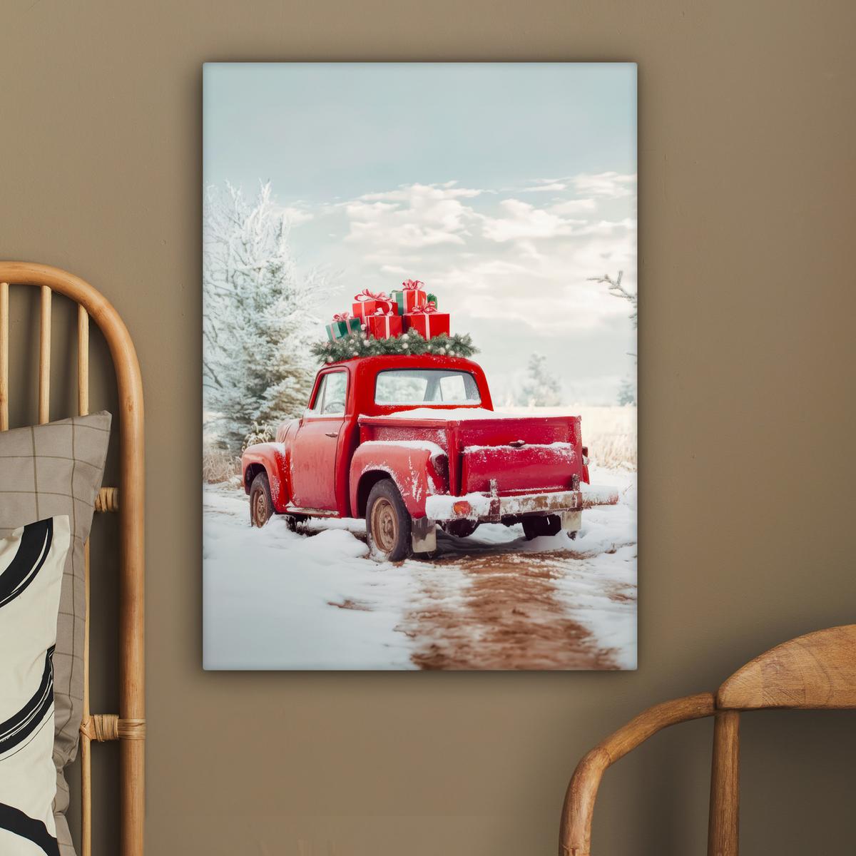 LEINWANDBILD Auto - Rot - Geschenke - Winter - Schnee - Weihnachten Wandbild Wohnzimmer 60x80 cm - Rot, Textil (60/80cm) - MuchoWow