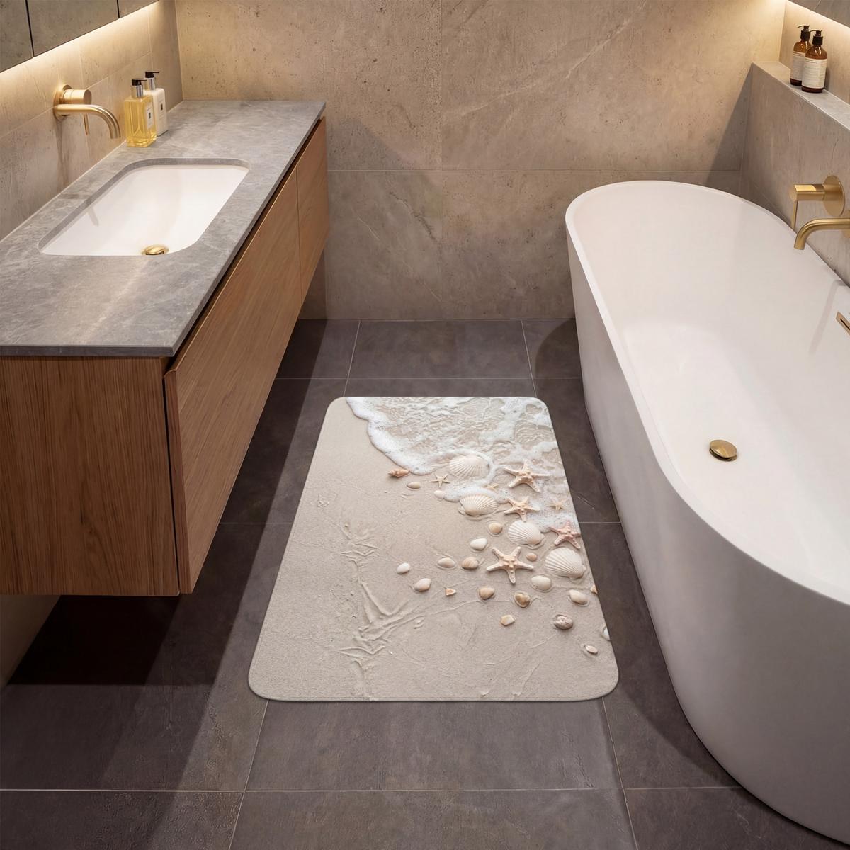 BADEMATTE Muscheln - Seesterne - Strand 60x90 cm - Sandfarben/Creme, Textil (60/90cm) - OnlyWow