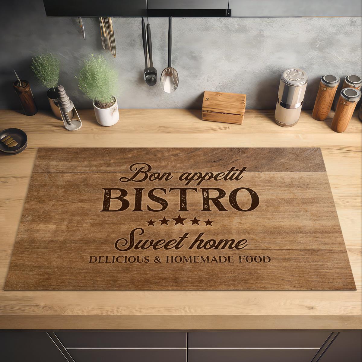 HERDABDECKPLATTE Zitat - Bistro - Guten Appetit - Süßes Zuhause - Holzmaserung Induktionsschutz 91.6x52.7 cm - Braun, Kunststoff (91.6/52.7/0.2cm) - MuchoWow