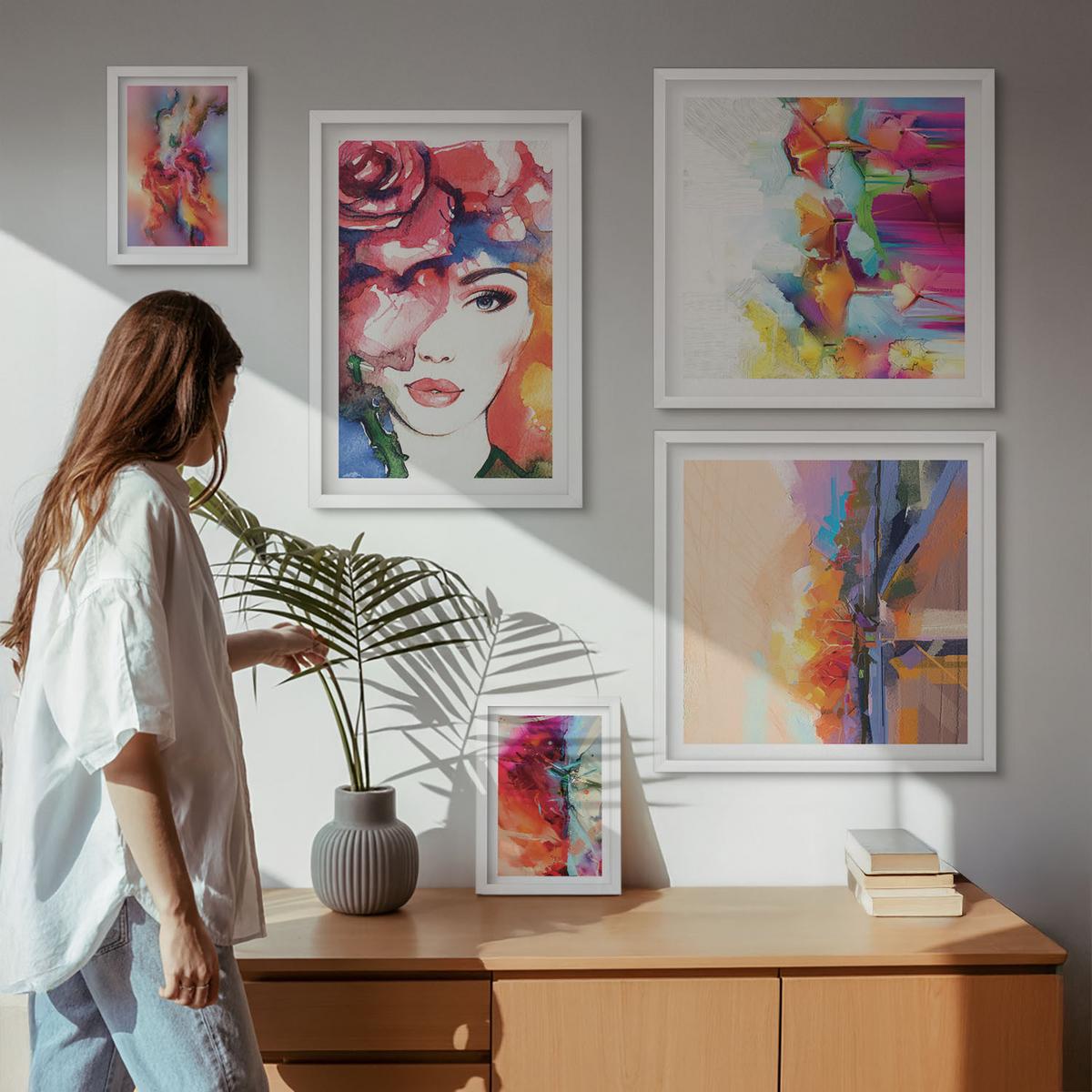 BILDER SET 5er Set - 50x50 cm & 20x30 cm & 40x60 cm Weißer Rahmen - Italienische Flüsse, Hügel, Straße - Weiß, Kunststoff (40/60cm) - TULUP