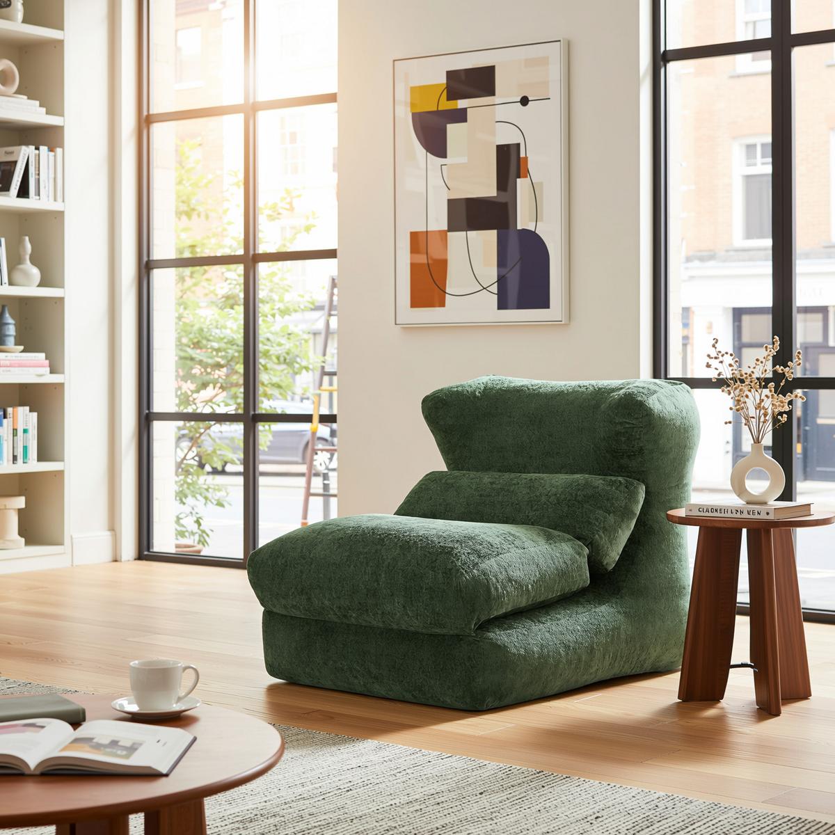LOUNGE SESSEL Chenille Optik umwandelbar zum Liegestuhl - Grün, Textil (90/86/118cm) - Urban Meuble
