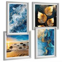BILDER SET 4er Set - 50x50 cm & 40x60 cm Silberner Rahmen - Bilder mit blau-goldenen Mustern - Silberfarben, Kunststoff (50/50cm) - TULUP