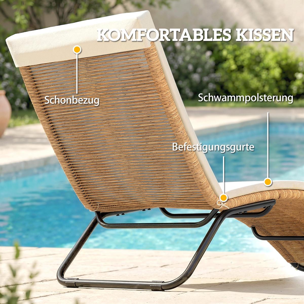 RATTAN-SONNENLIEGE Stahl PE-Rattan Cremeweiß - Creme/Weiß, Textil/Metall (57/80/175cm) - Outsunny