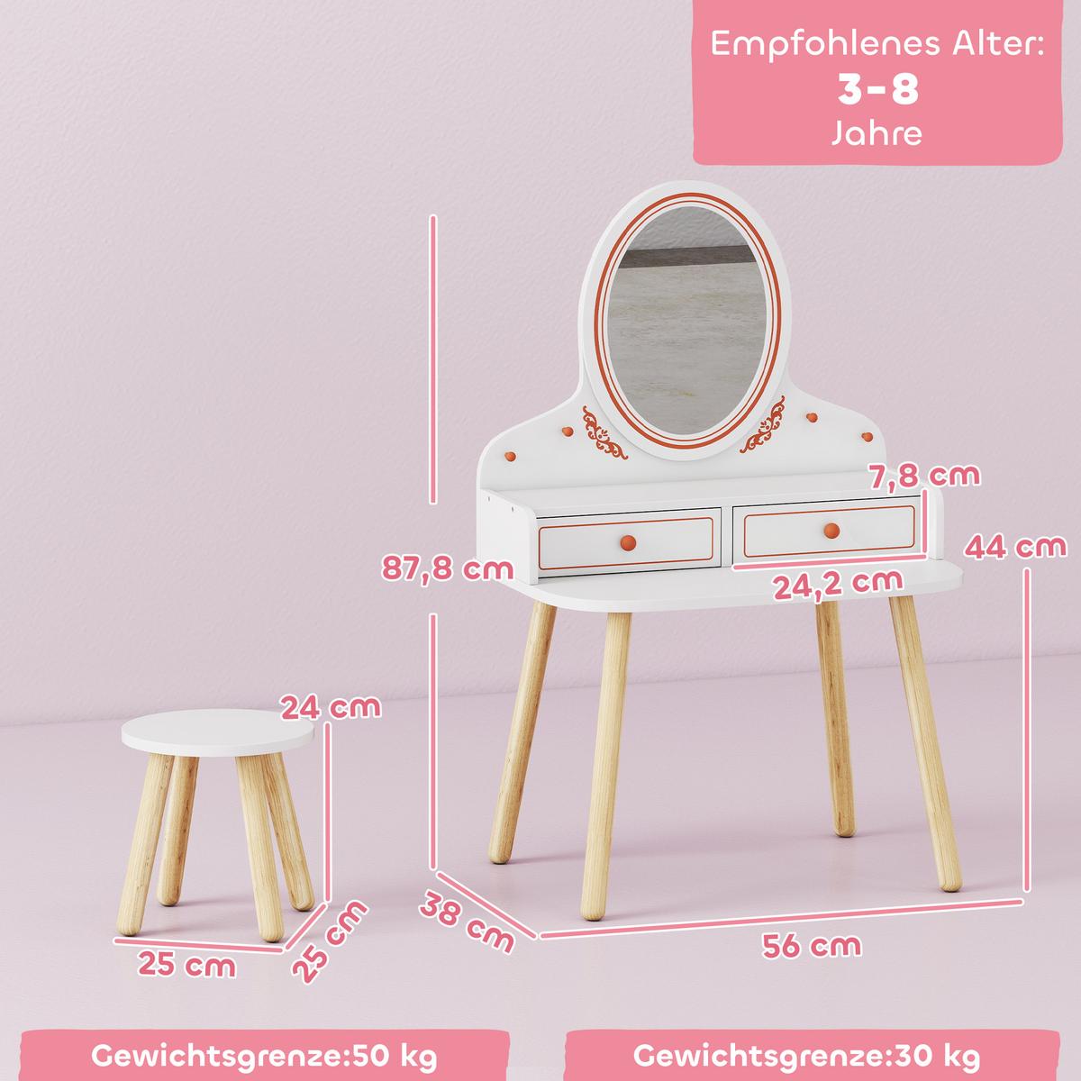 SCHMINKTISCH-KINDER MDF Kiefernholz Weiß - Weiß/Kieferfarben, Holzwerkstoff (38/87.8/56cm) - AIYAPLAY