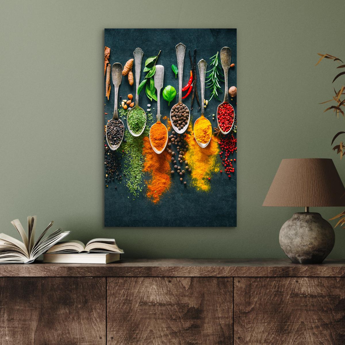 METALLBILD Kräuter - Gewürze - Löffel Deko Schlafzimmer 40x60 cm - Currygelb, Metall (40/60cm) - MuchoWow