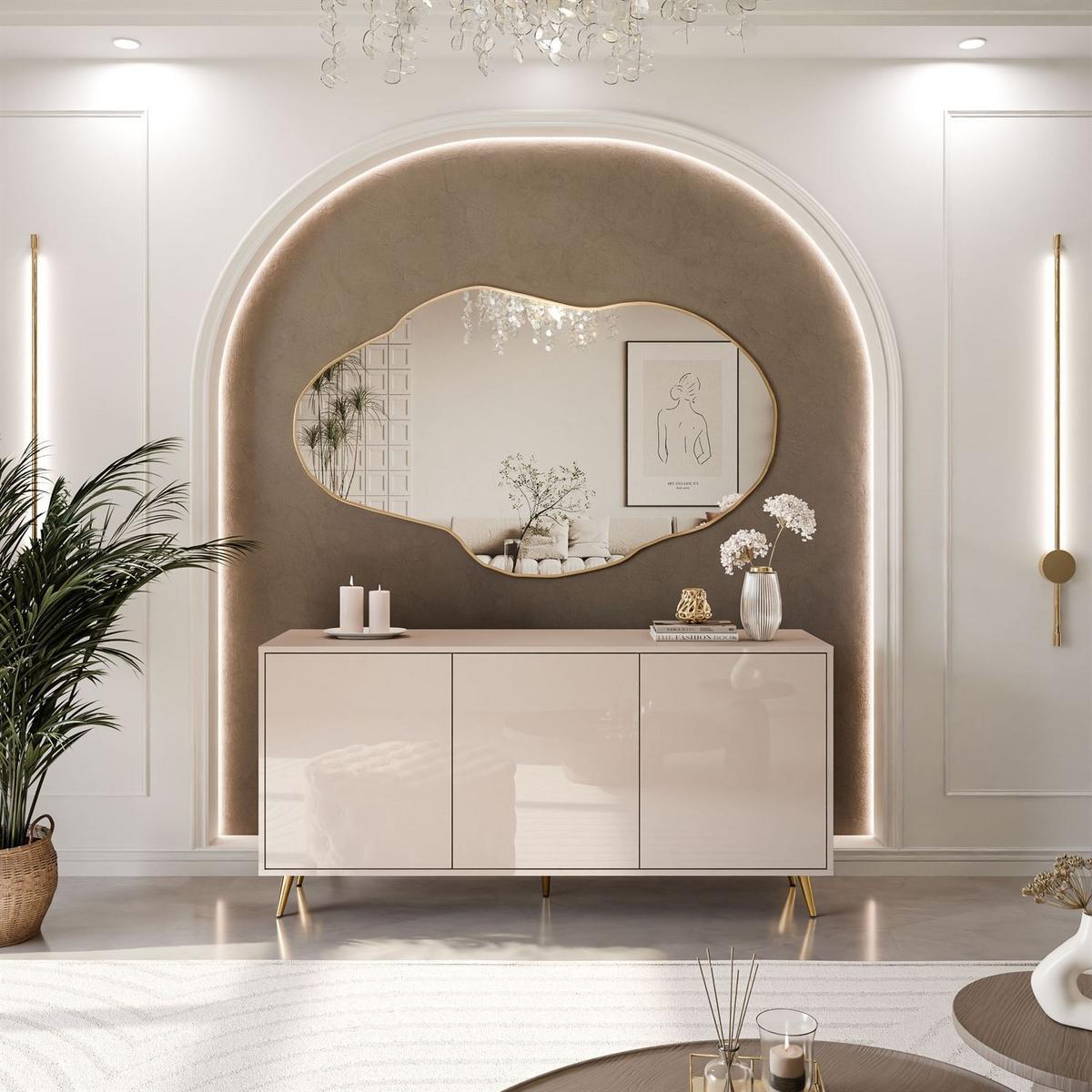 KOMMODE SANAYI Kaschmir Hochglanz – schräge goldene Beine - Kaschmir/Goldfarben, Holzwerkstoff (154/72/40cm) - Lookway