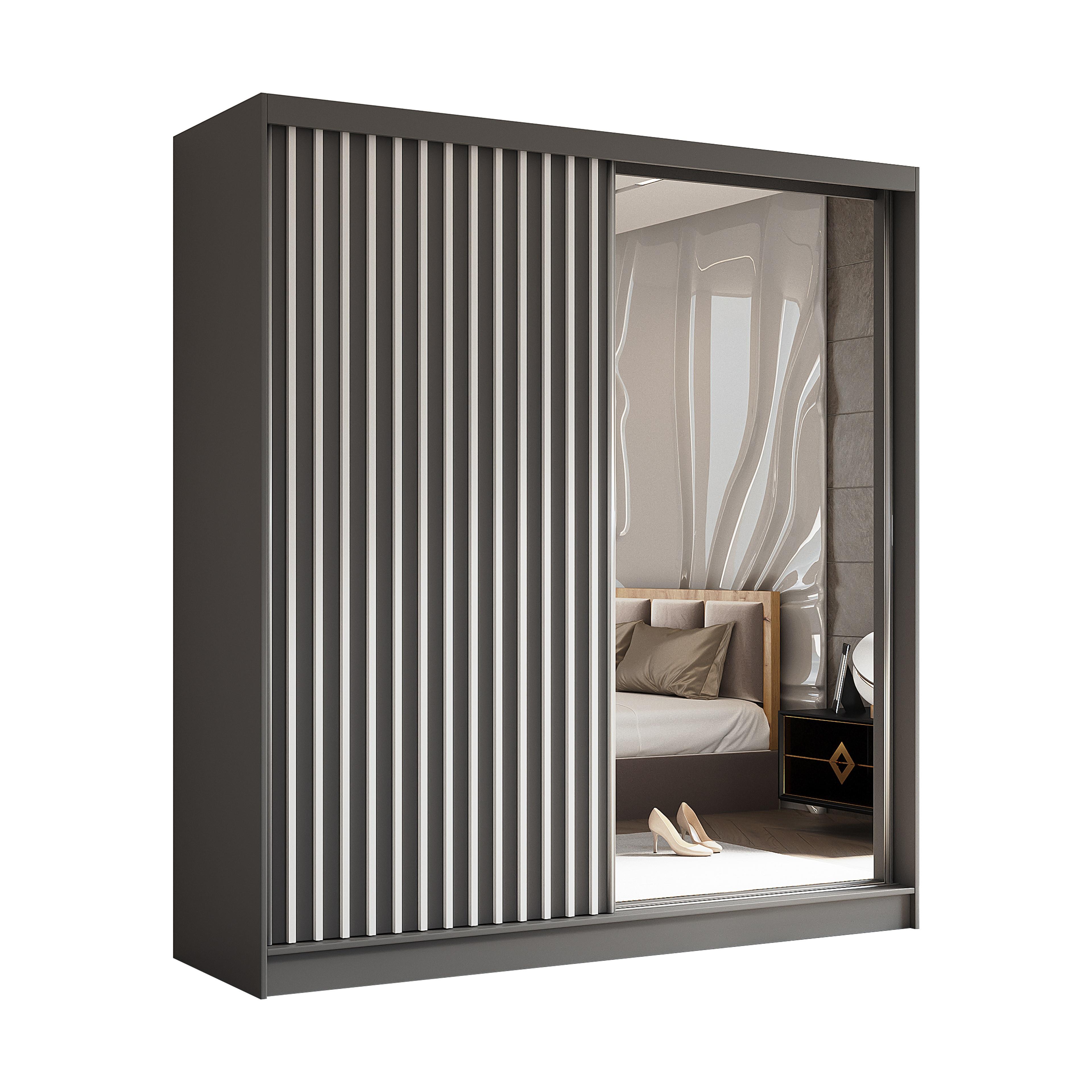 SCHWEBETÜRENSCHRANK LAMELLO 200/216/61 cm 2-türig mit Spiegel Grau - Grau, Holzwerkstoff (200/216/61cm) - MASSENO