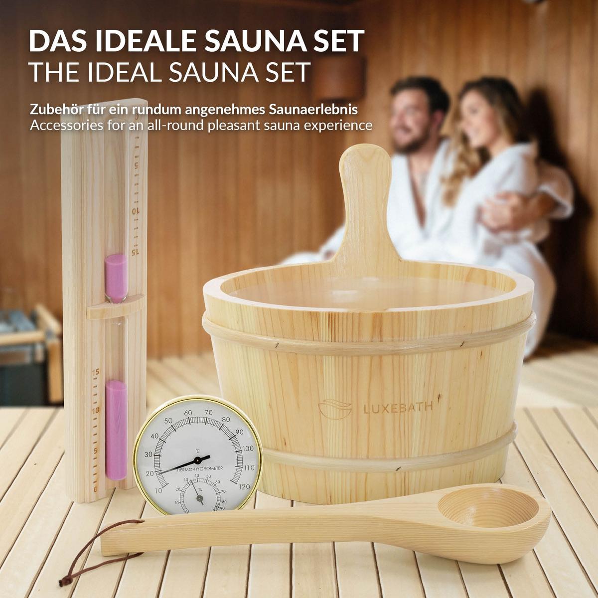 SAUNAZUBEHÖR-SET 4-teilig aus Kiefernholz - Naturfarben, Holz (27/30/37cm) - LuxeBath
