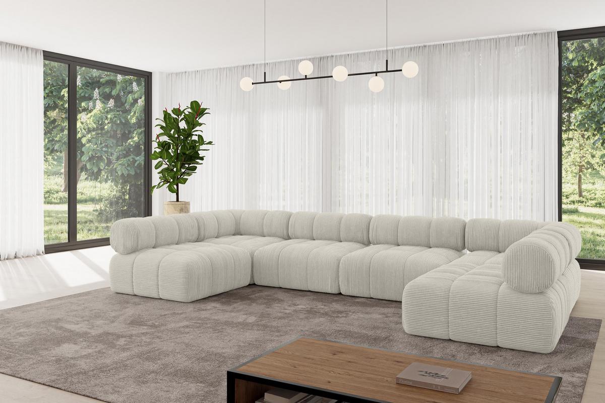 WOHNLANDSCHAFT modulares Sofa Garvo-U2 - 380x190x70 cm Creme Cord - Hellgrau/Creme, Holzwerkstoff/Textil (380/70/190cm) - ALTDECOR