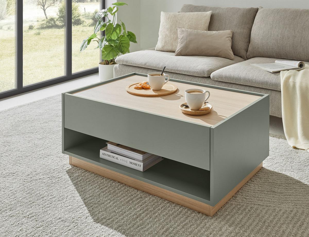 COUCHTISCH in Salbei Grün und Eiche, Wohnzimmertisch mit Schubkasten, 90 x 60 cm - Salbeigrün/Eichefarben, Holz/Holzwerkstoff (60/90/38cm) - Furn.Design