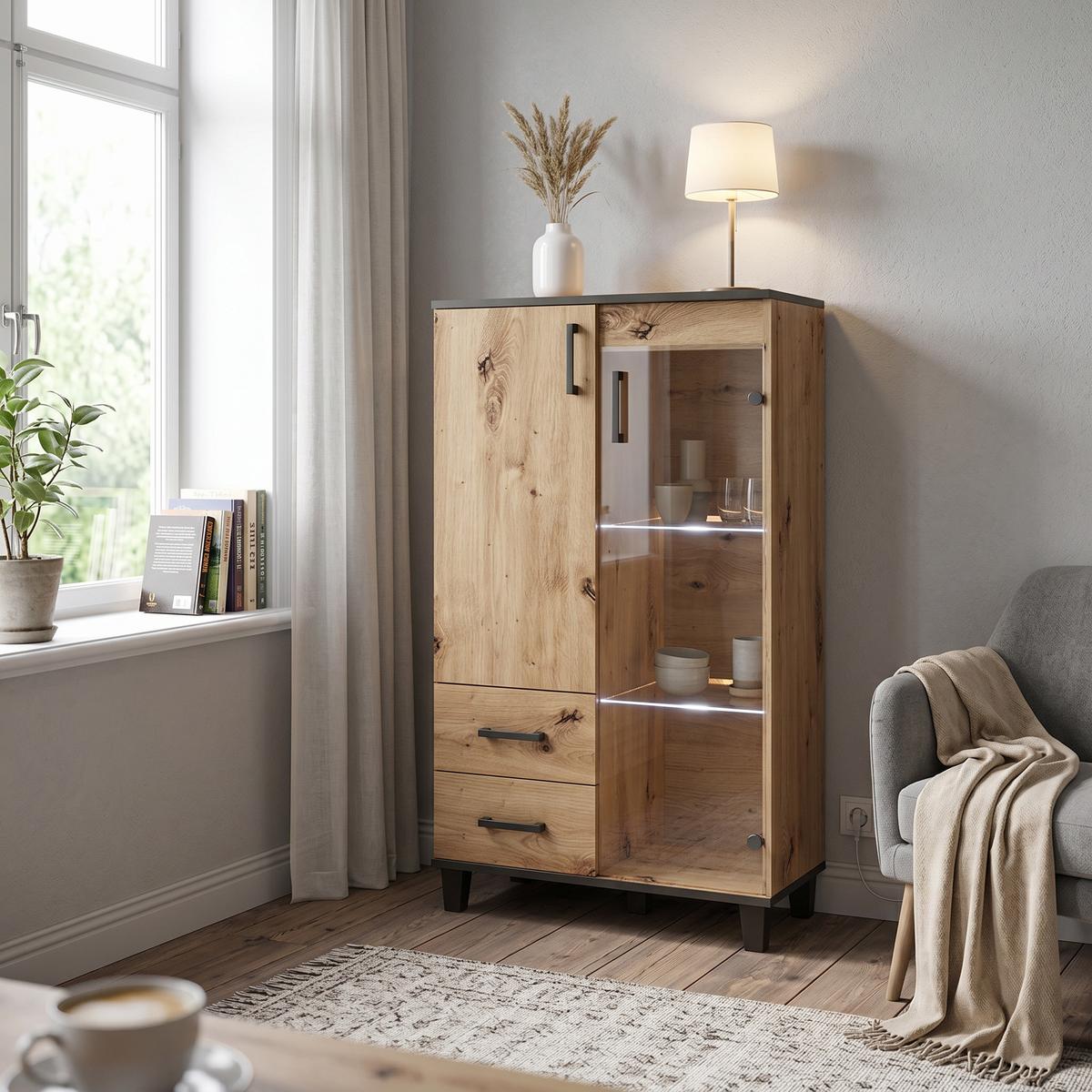 KOMMODE CORTEZA 80/132/40cm mit 2 Schubladen 2 Türen Eiche Artisan - Eiche Artisan, Holzwerkstoff (80/132/40cm) - MASSENO