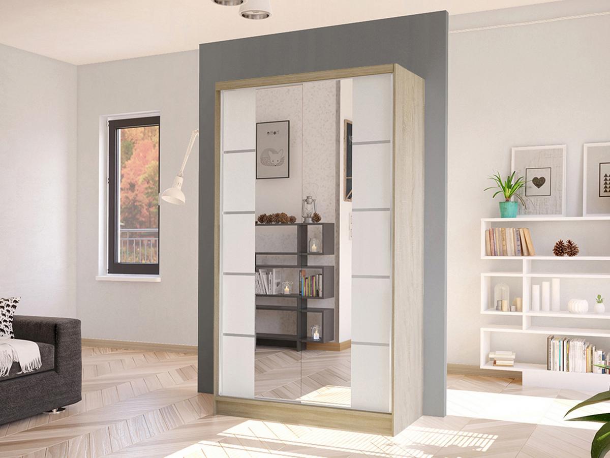 SCHWEBETÜRENSCHRANK Diego V - Weiß/Sonoma Eiche, Holzwerkstoff/Metall (100/200/58cm) - MIRJAN24