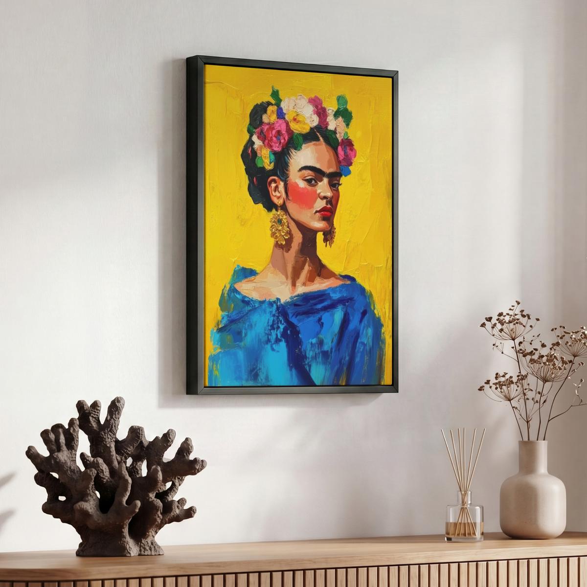 LEINWAND Bilder mit Rahmen - Frida Kahlo - Frau - Gelb - Blau - Blumen - 30x40 - Gelb, Textil (30/40cm) - MuchoWow