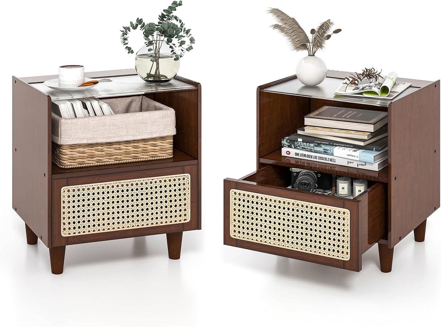 NACHTTISCH Braun(2er-Set) - Braun, Naturmaterialen - COSTWAY