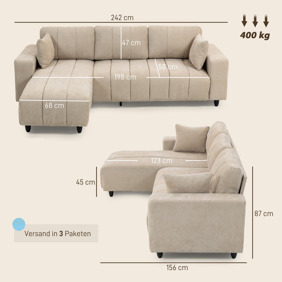 ECKSOFA Polyester Stahl Beige - Beige/Schwarz, Kunststoff/Textil (156/242cm) - HOMCOM