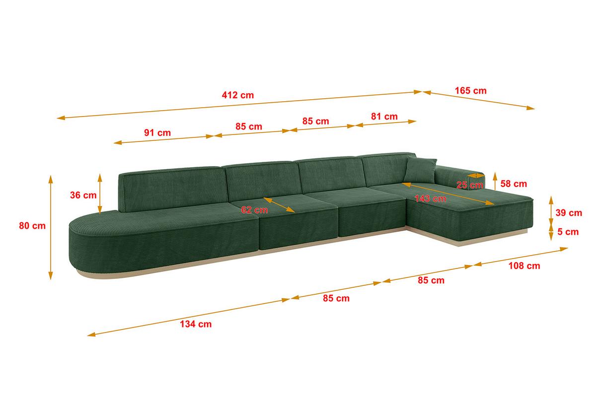 ECKSOFA Ottomane Rechts IREA-L3 - 412x165x80 cm Grün - Currygelb, Holzwerkstoff/Textil (412/165cm) - ALTDECOR