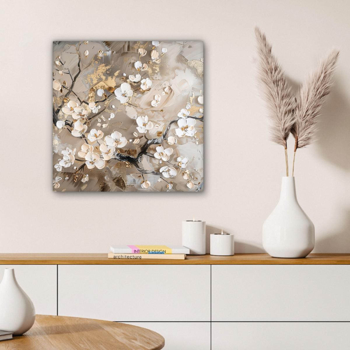 LEINWANDBILD Blumen - Weiß - Gold - Beige - Luxus Wandbild Wohnzimmer 50x50 cm - Greige, Textil (50/50cm) - MuchoWow