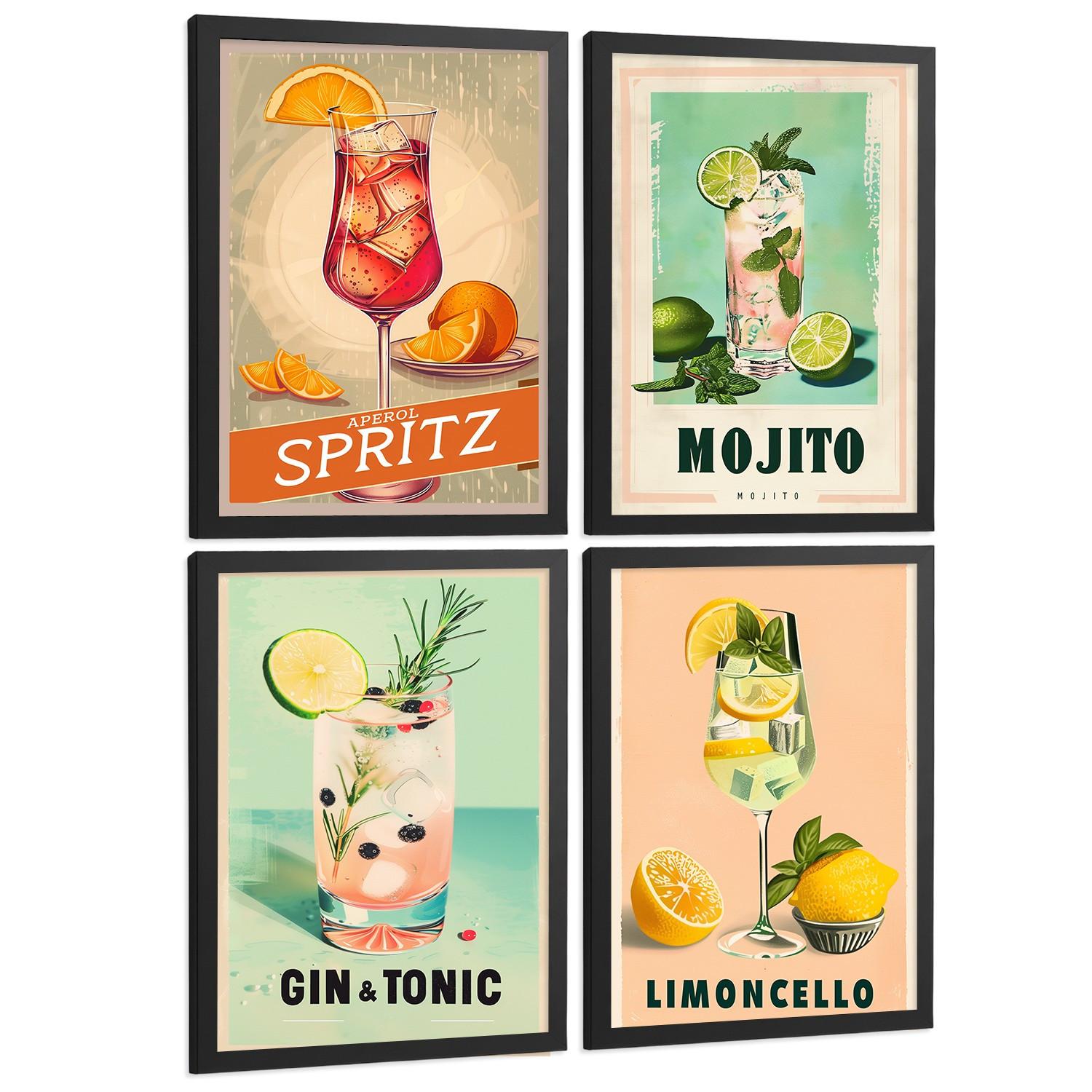 POSTER 4er Set Cocktail-Wandbilder Mojito Gin Tonic und Limoncello Vintage Retro Küche Bar Deko Schwarzer Rahmen A3 - Schwarz, Papier (29.7/1/42cm) - Nacnic