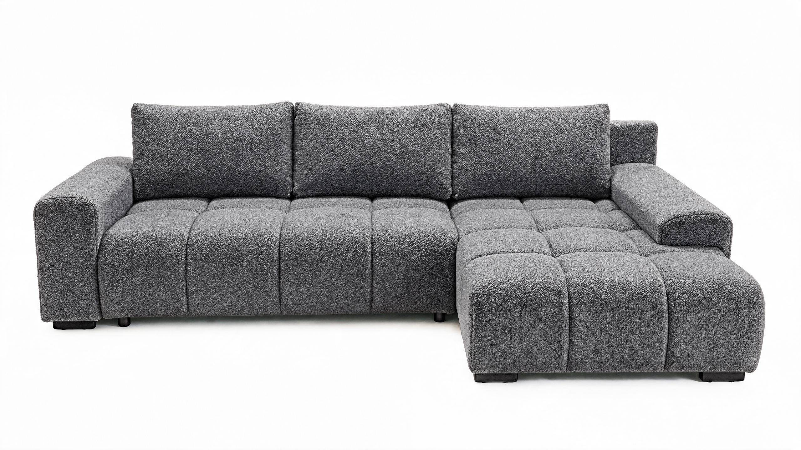 ECKSOFA Ovia mit Bettkasten und Schlaffunktion, Bouclé-Stoff in L-Form - Dunkelgrau, Textil (270/185cm)
