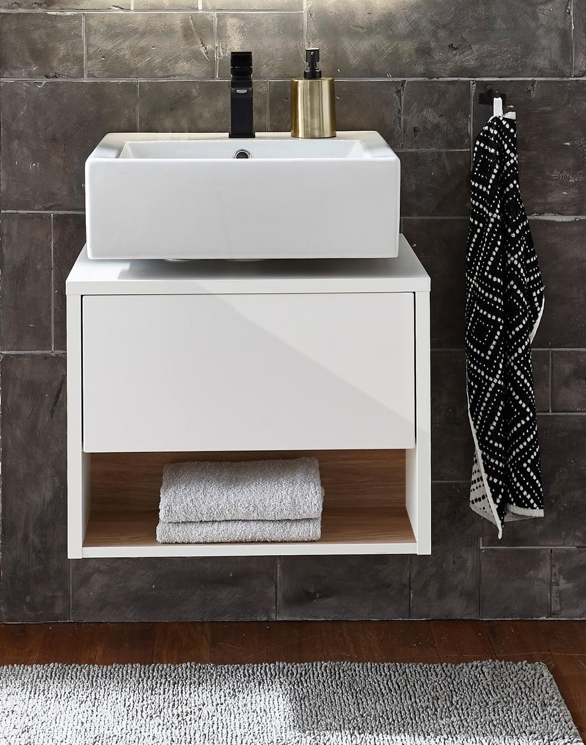 WASCHBECKENUNTERSCHRANK weiß Hochglanz, Eiche 60 cm, Bad Unterschrank mit Push-to-Open - Weiß Hochglanz, Holzwerkstoff (60/44/46cm) - Furn.Design