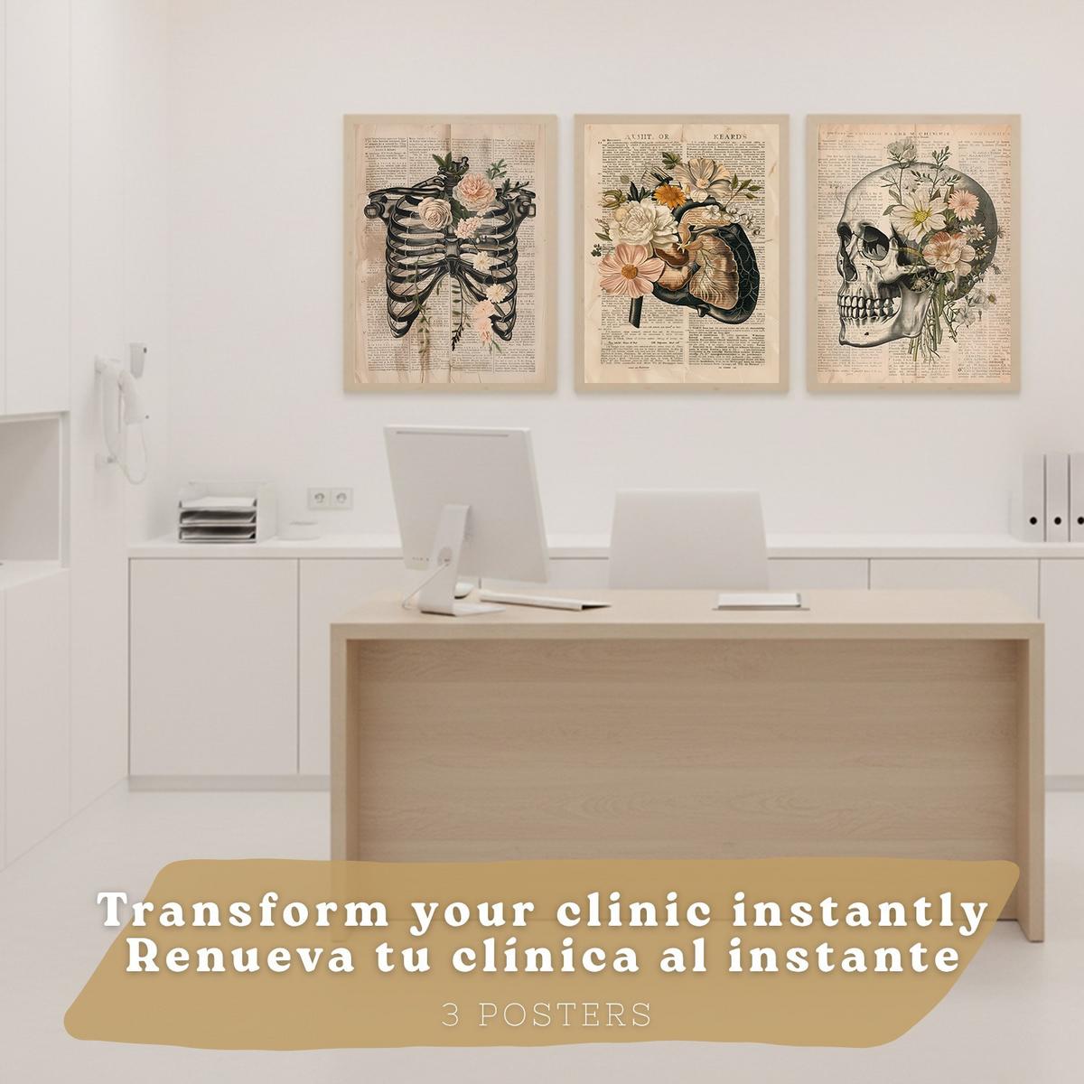 POSTER Set aus 3 Anatomie Mensch Drucke und Wandbilder mit Leber Rippen und Schädel Retro Floraler Stil Wanddekoration Größe Leichter Holzrahmen A4 - Beige, Papier (21/29.7/3cm) - Nacnic