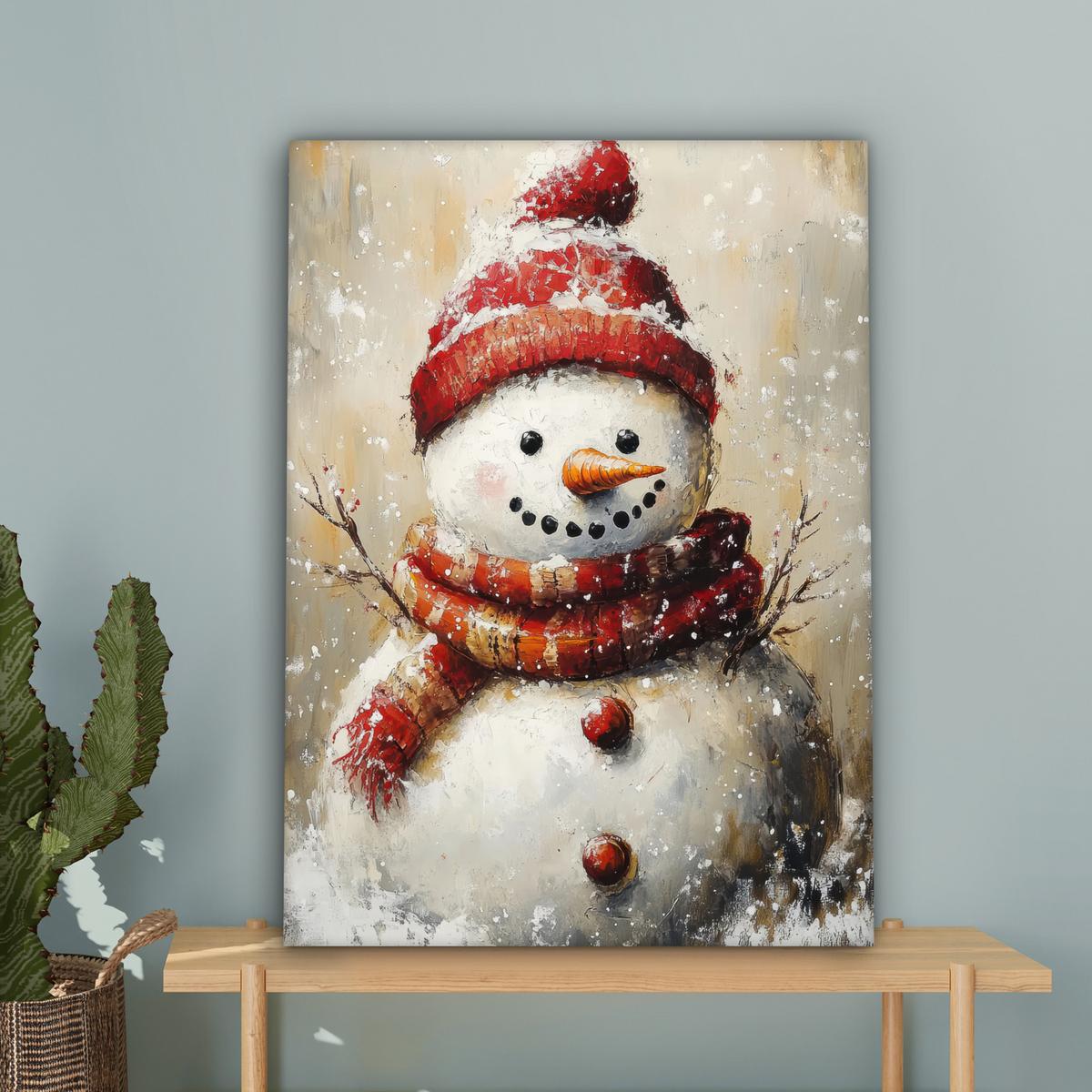 LEINWANDBILD Schneemann - Winter - Schnee - Beige Wandbild Wohnzimmer 60x80 cm - Weiß, Textil (60/80cm) - MuchoWow