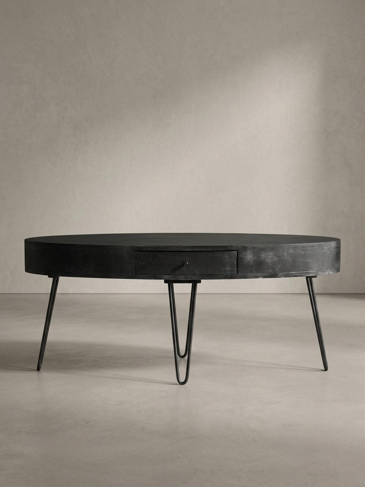 COUCHTISCH in Mango-Massivholz und Metall, 100x50x40 cm, Oval, mit Schublade, Stauraum und Haarnadelbeinen - Schwarz, Holz/Metall (50/100/40cm) - KADIMA DESIGN