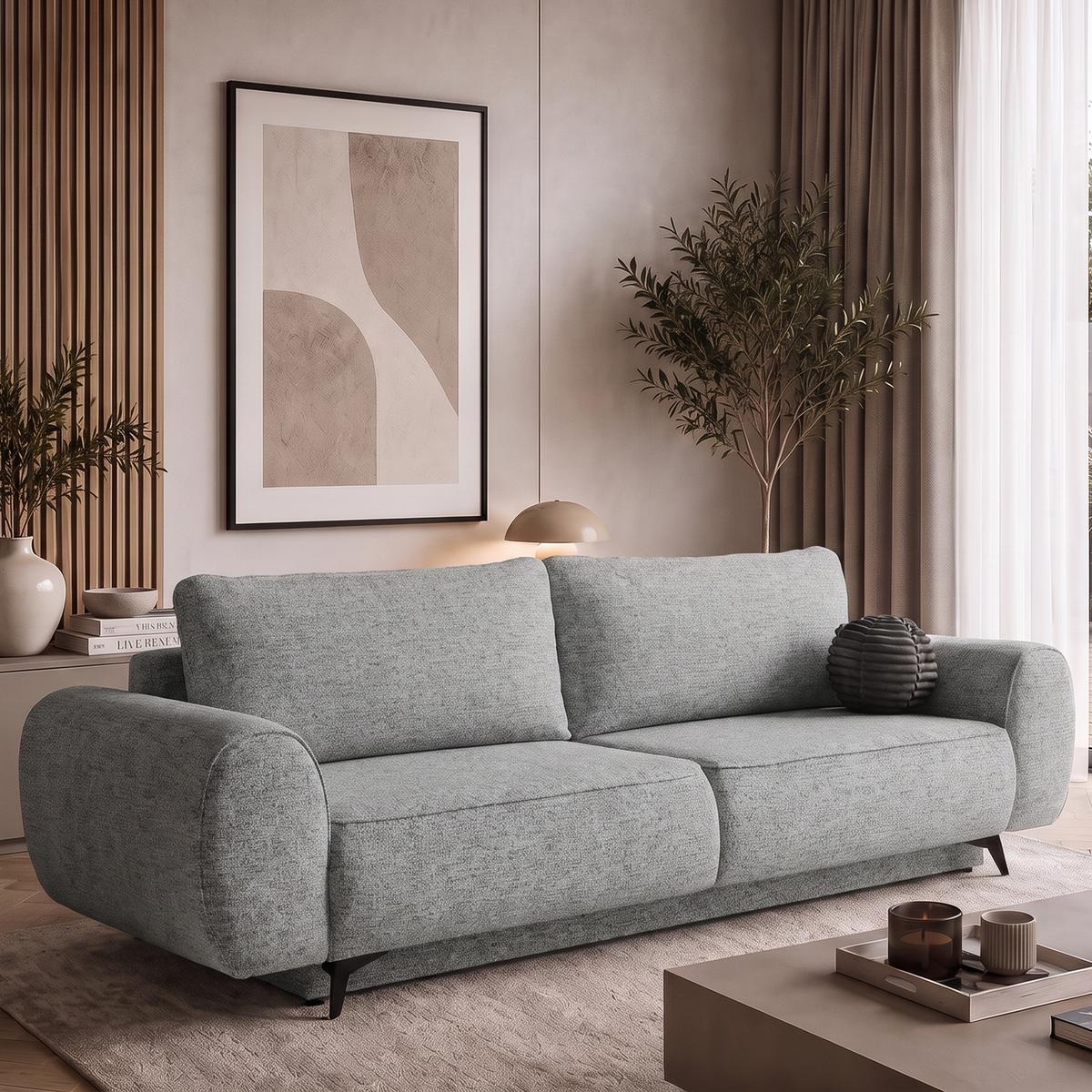 SCHLAFSOFA Vito 3-Sitzer mit Bettkasten, DL-System, Chenille-Stoff, Hellgrau - Hellgrau/Schwarz, Textil (256/90/99cm) - Beautysofa