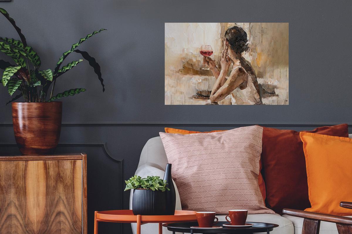 WANDTATTOO Ölgemälde - Frau - Wein Deko Wohnzimmer 60x40 cm - Hellbraun, Kunststoff (60/40/0.1cm) - MuchoWow