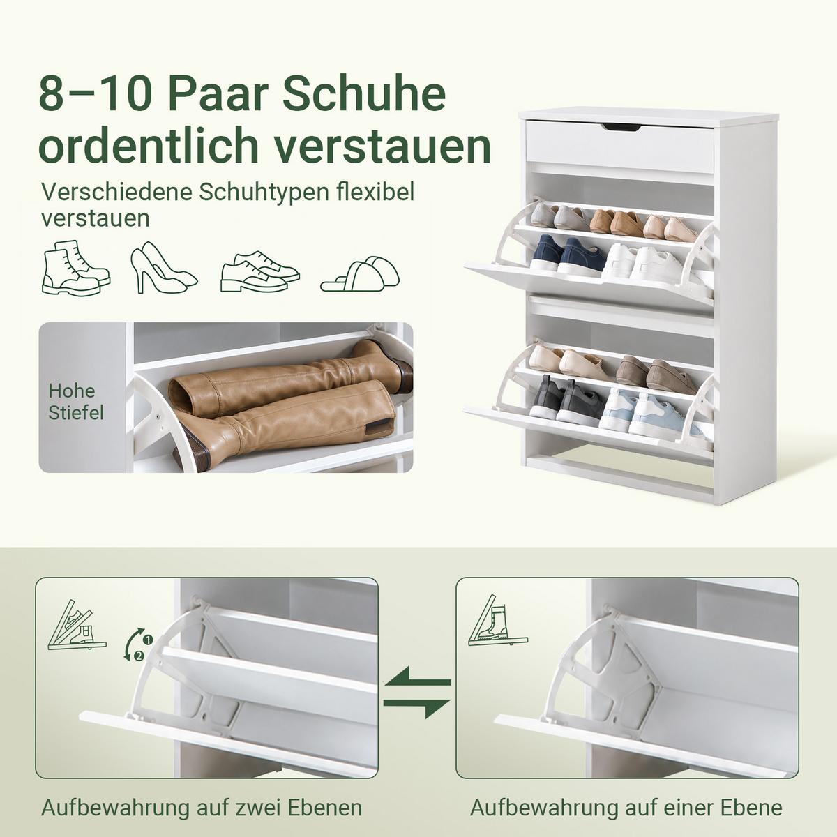SCHUHSCHRANK mit 2 Klappen und 1 Schublade, Weiß 60x90x30cm - Weiß, Holzwerkstoff (60/90/30cm) - SoBuy