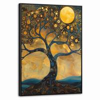 LEINWAND Bilder mit Rahmen - Baum - Mond - Blumen - Gold - Kunst - 70x100 - Orange, Textil (70/100cm) - MuchoWow