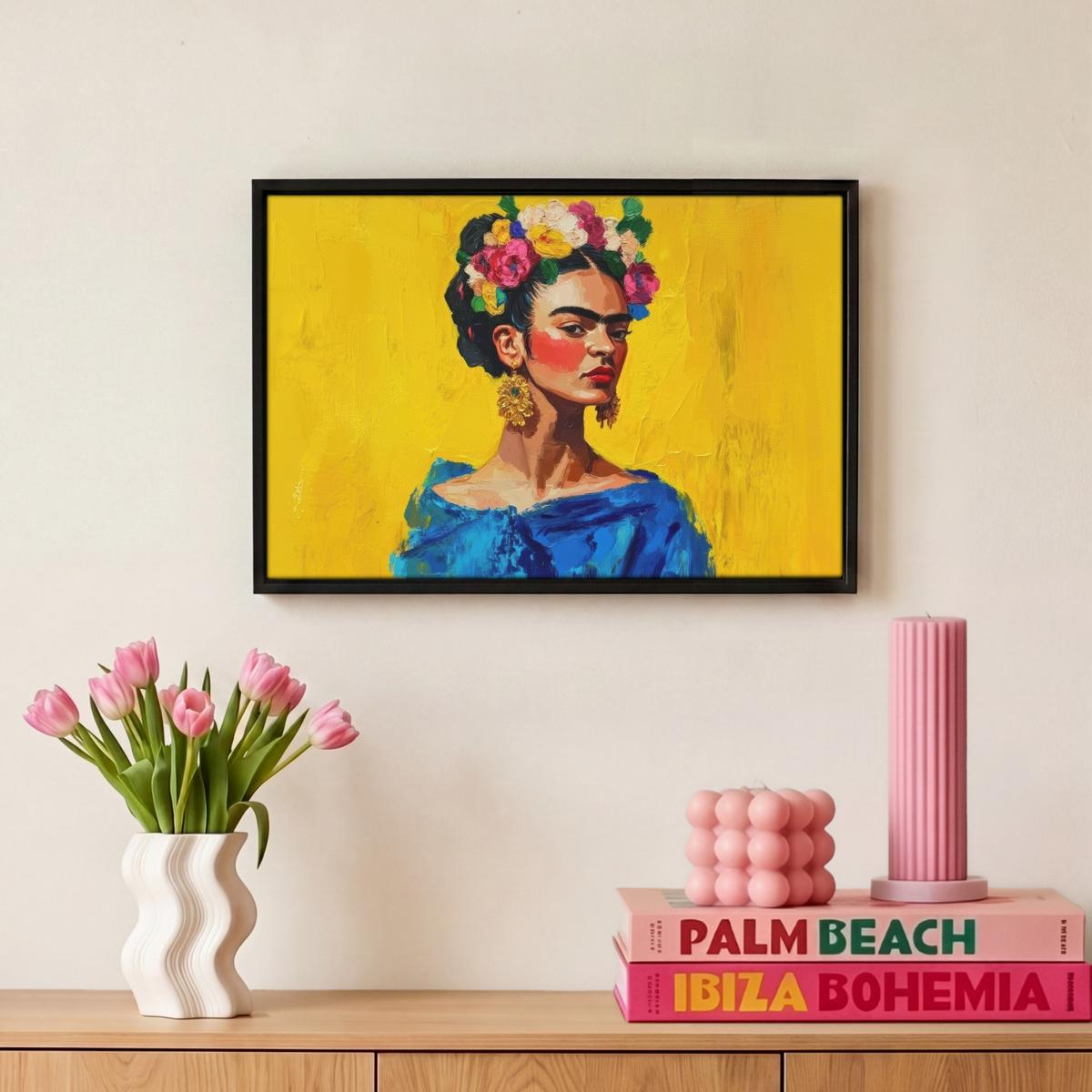 LEINWAND Bilder mit Rahmen - Frida Kahlo - Frau - Gelb - Blau - Blumen - 30x20 - Gelb, Textil (30/20cm) - MuchoWow
