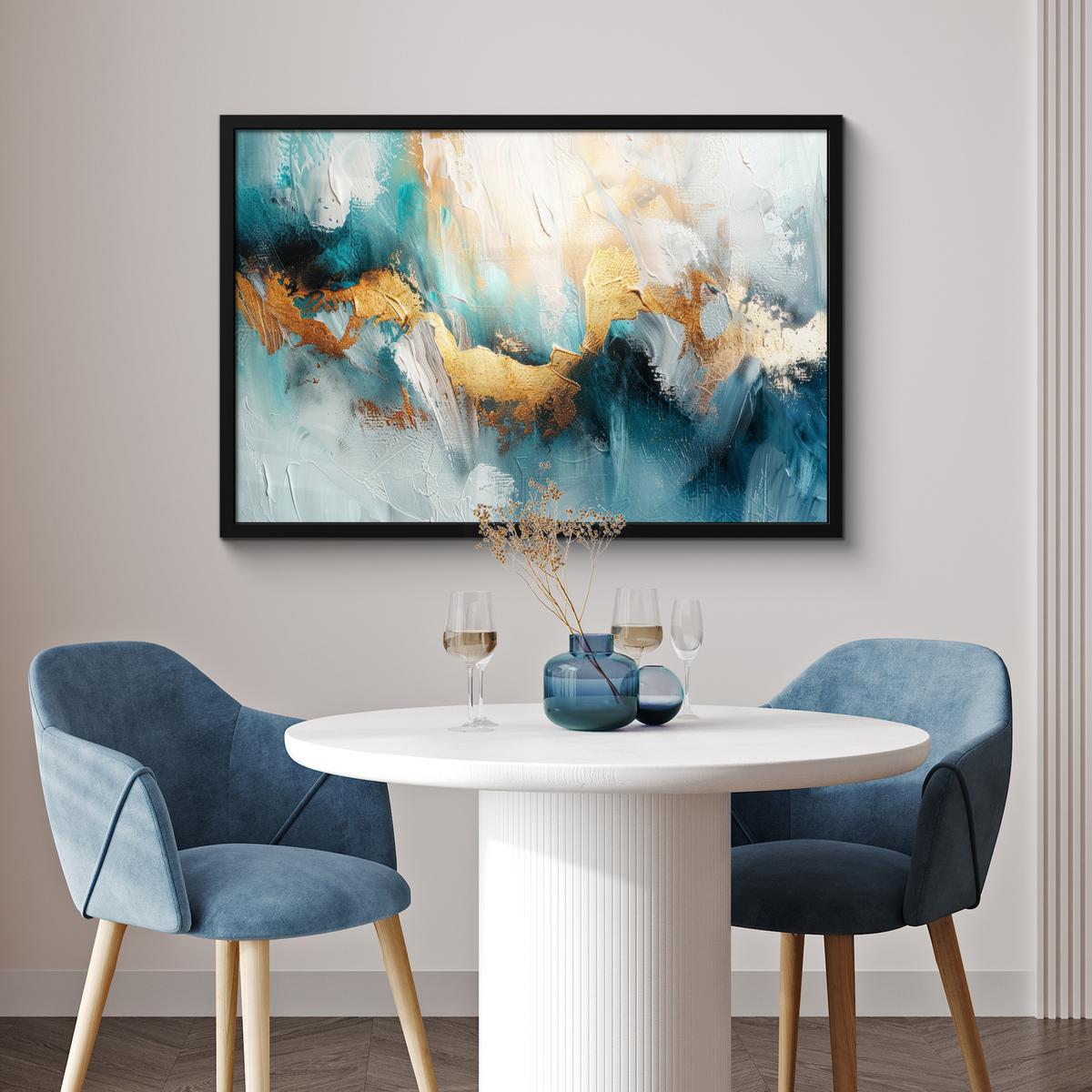 POSTER MIT RAHMENGERAHMTES BILD Abstrakt - Kunst - Gold - Blau 90x60 cm - Petrol, Papier (90/60cm) - MuchoWow