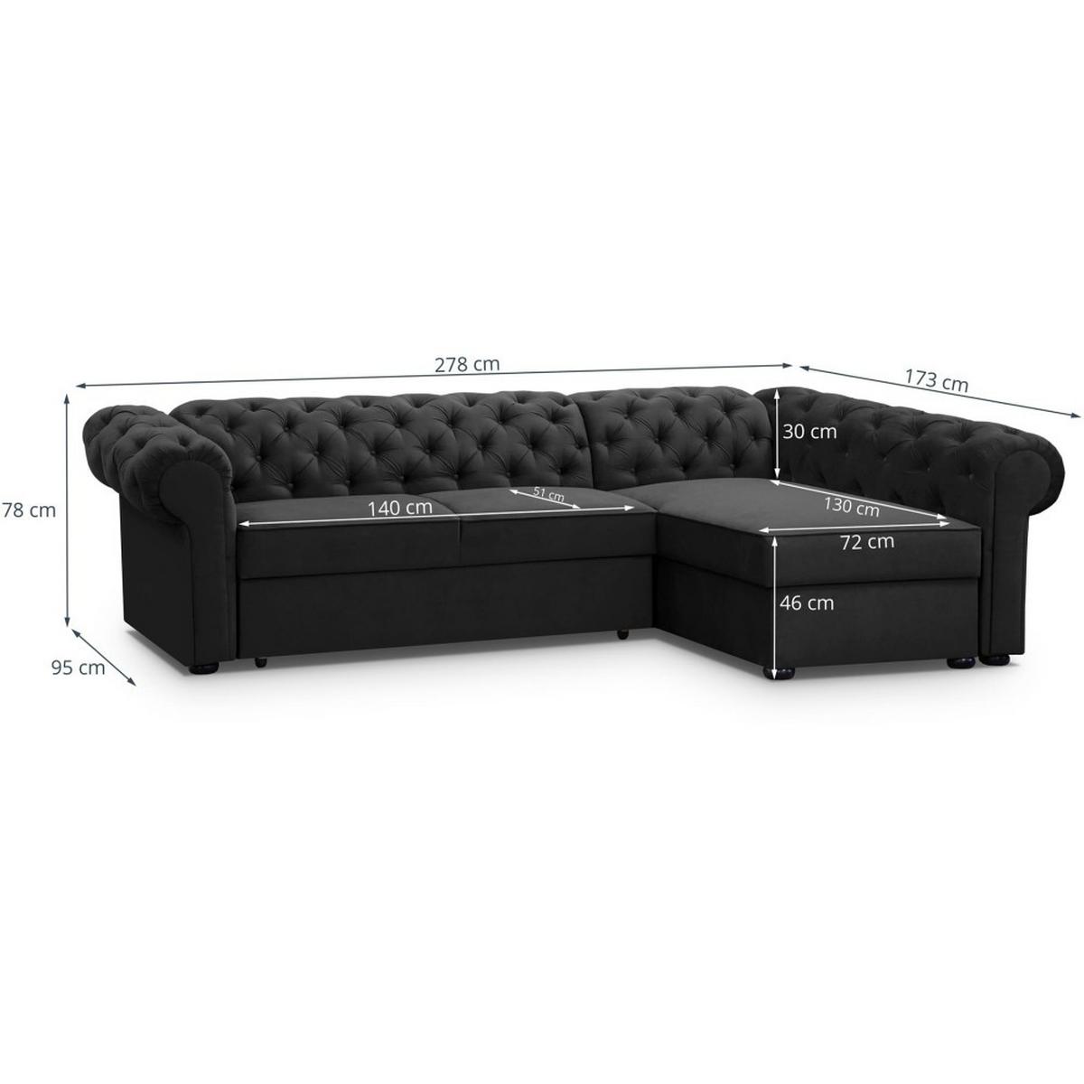 ECKSCHLAFSOFA Chester im Chesterfield-Stil, Schwarz, links - Schwarz, Textil (278/173cm) - Beautysofa