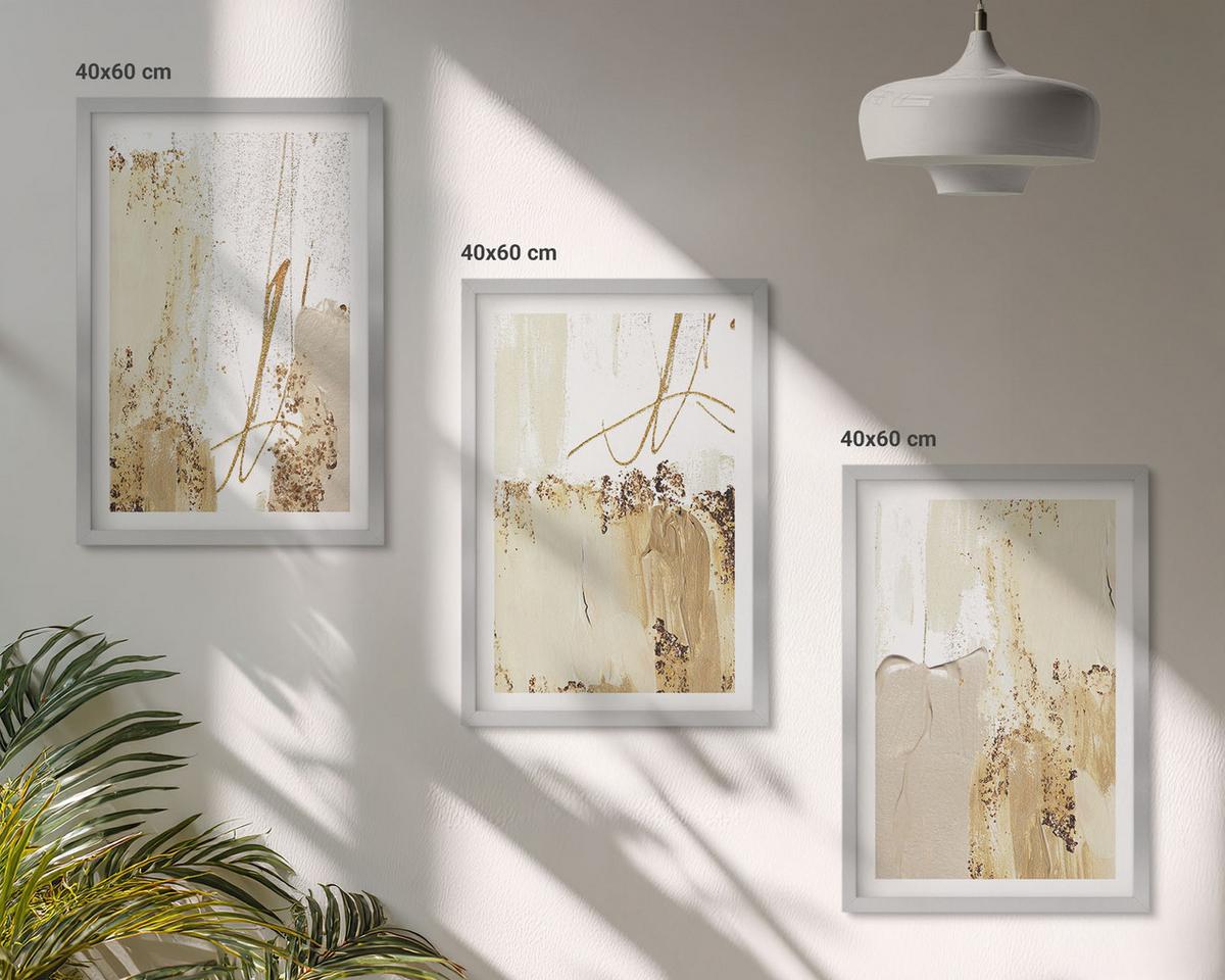 BILDER SET 3er Set - 40x60 cm Silberner Rahmen - Abstrakte Muster beige weiß - Silberfarben, Kunststoff (40/60cm) - TULUP