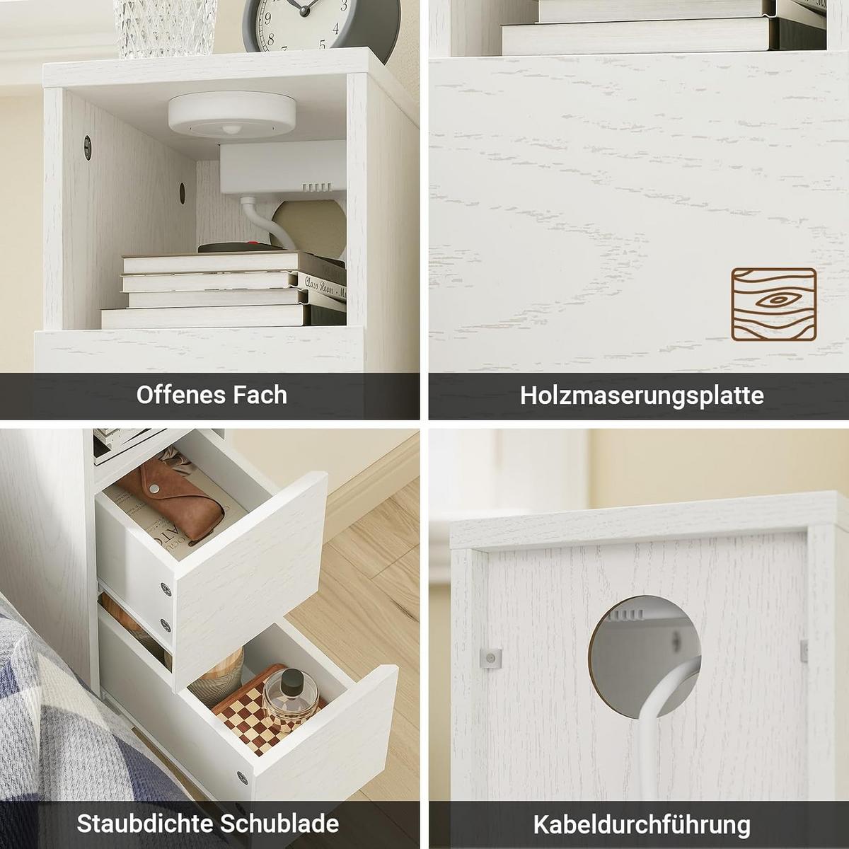 NACHTTISCH schmal mit Ladefunktion und LED-Sensorleuchte, 20x35x60cm - Weiß, Holzwerkstoff (35/60/20cm) - SoBuy
