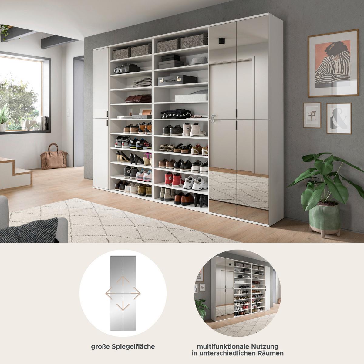 GARDEROBENSCHRANK weiß Hochglanz 281 cm, Schuhschrank XXL mit 35 Fächern - Chromfarben/Weiß Hochglanz, Glas/Holzwerkstoff (251/193/34cm) - Inn.Furn