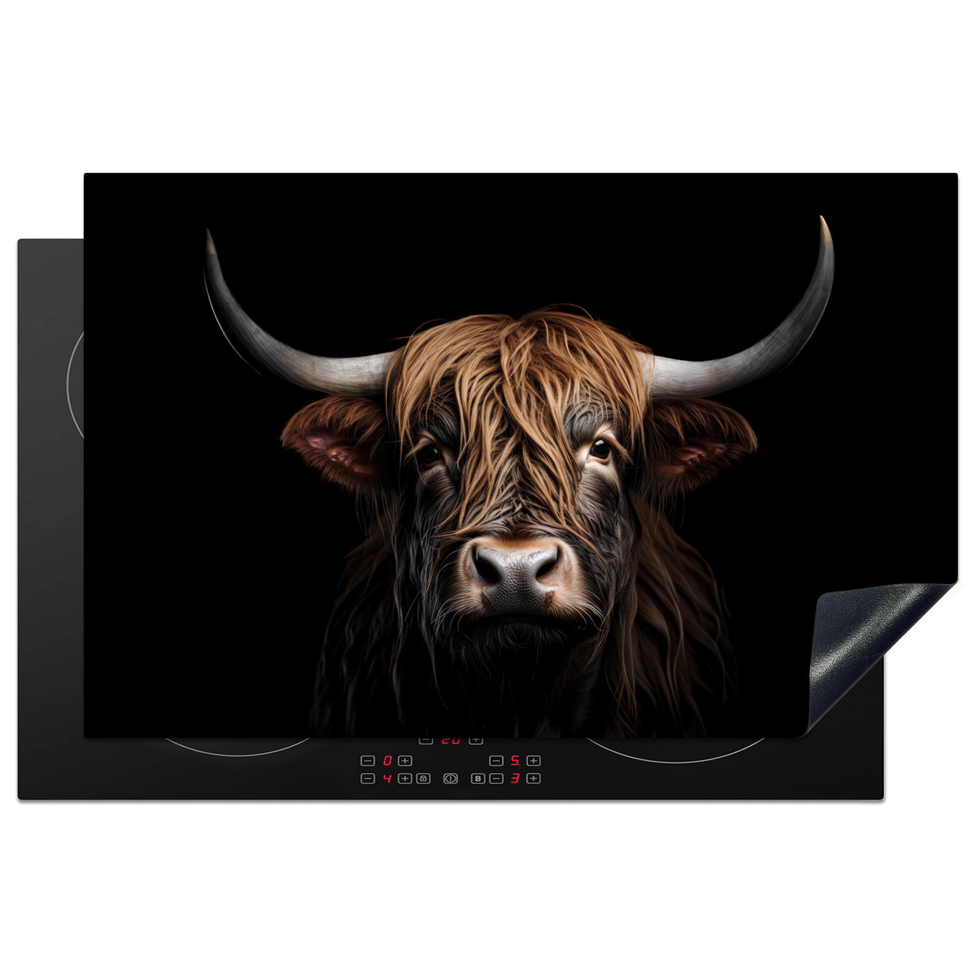 HERDABDECKPLATTE Schottischer Highlander - Porträt - Schwarz - Tier Abdeckung Ceranfeld 81.2x52 cm - Braun, Kunststoff (81.2/52/0.2cm) - MuchoWow