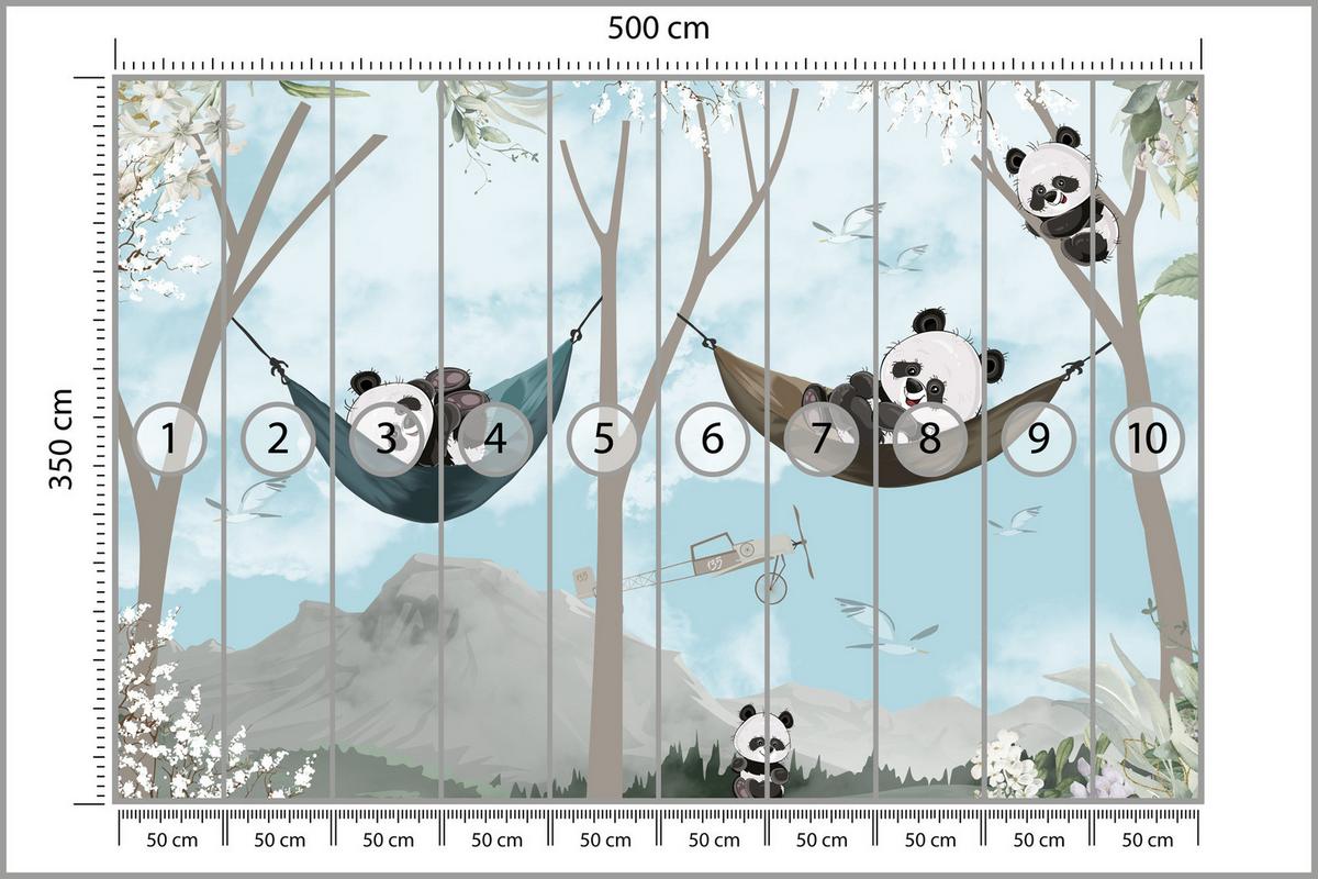 FOTOTAPETE für Kinderzimmer Pandas in Hängematten Märchenwald Blumen Berge 500x350 - Schwarz/Weiß, Papier (500/350cm) - Muralo