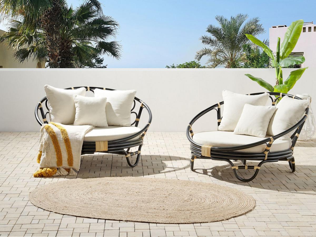 SONNENINSEL 2er-Set Rattan Schwarz Auflagen Beige Rossano - Beige/Schwarz, Naturmaterialien (112/71/110cm) - Beliani