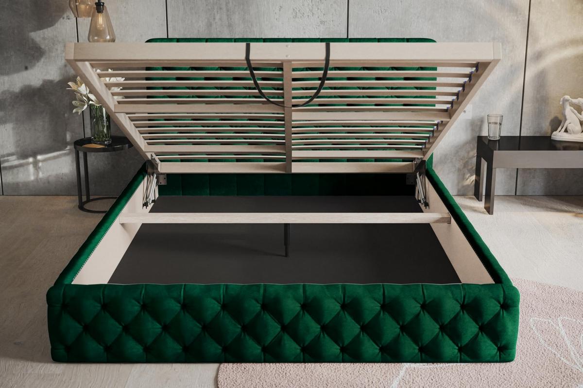 BETT 90x200 - Polsterbett mit Bettkasten und Holzrahmen - Elegant Betten - Glatter Kronos-Stoff - Kollektion Miami, Grün - Grün, Holz/Textil (90/200cm) - Alpi-Möbel