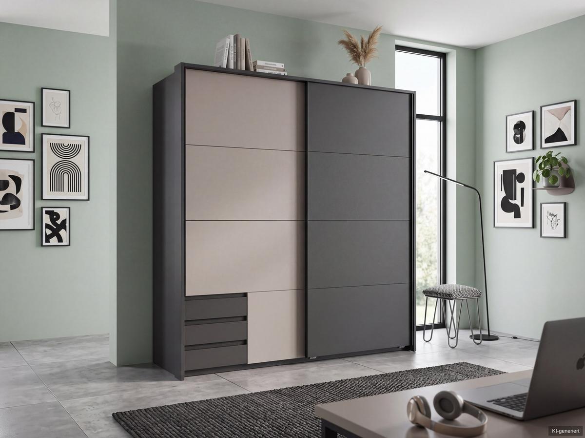 SCHWEBETÜRENSCHRANK 2-türig B183/H200/T65 cm, Passepartout-Kleiderschrank mit sichtbaren Schubkästen in Grafit, 1x Tür in Sandgrau / 22701 - Sandfarben/Graphitfarben, Holz/Holzwerkstoff (183/200/65cm) - luma-home