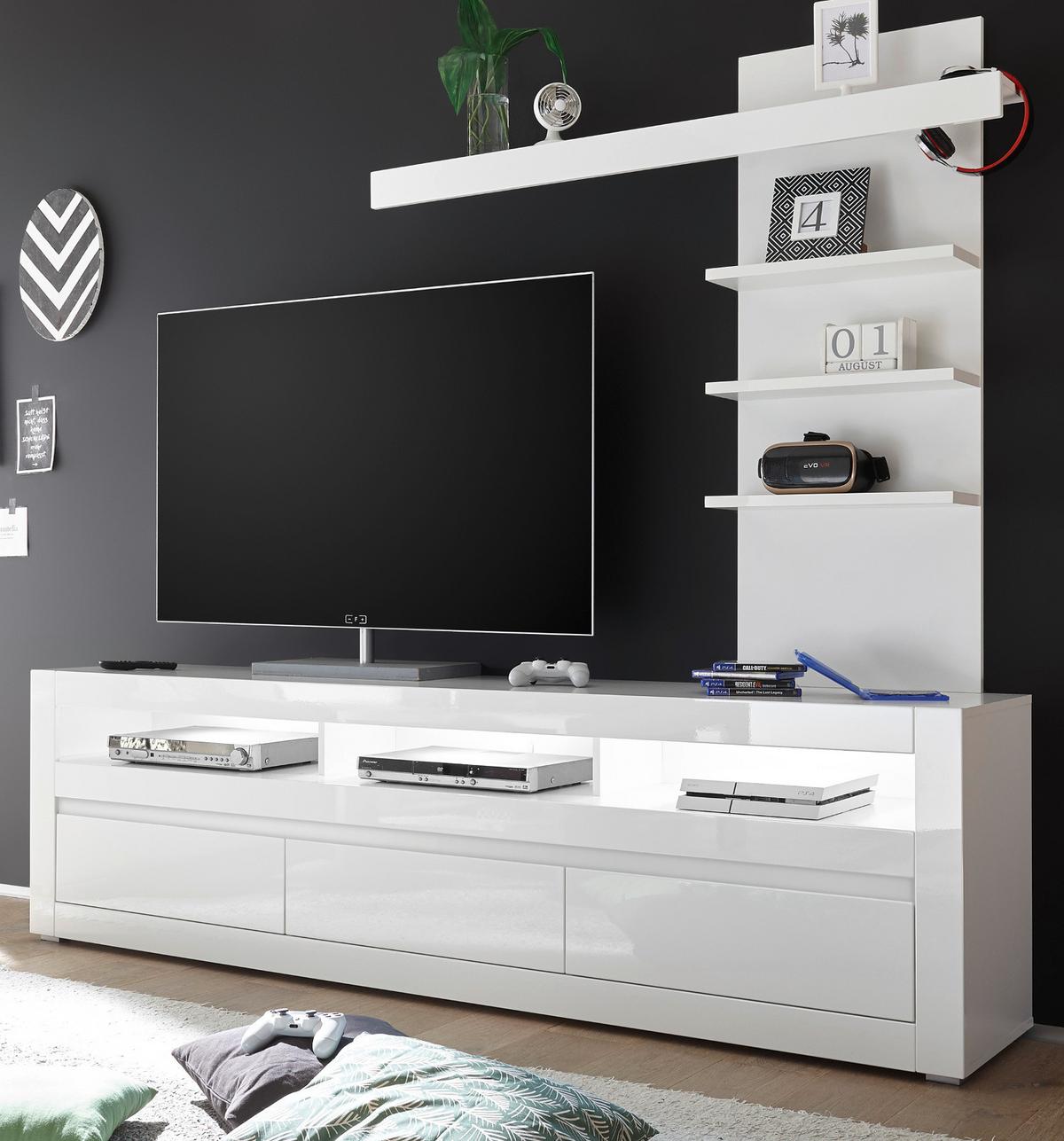 WOHNWAND Hochglanz weiß, Set 2-tlg. inklusive Paneel, TV Unterschrank Soft-Close - Weiß Hochglanz/Weiß, Holzwerkstoff/Kunststoff (217/163/42cm) - Furn.Design