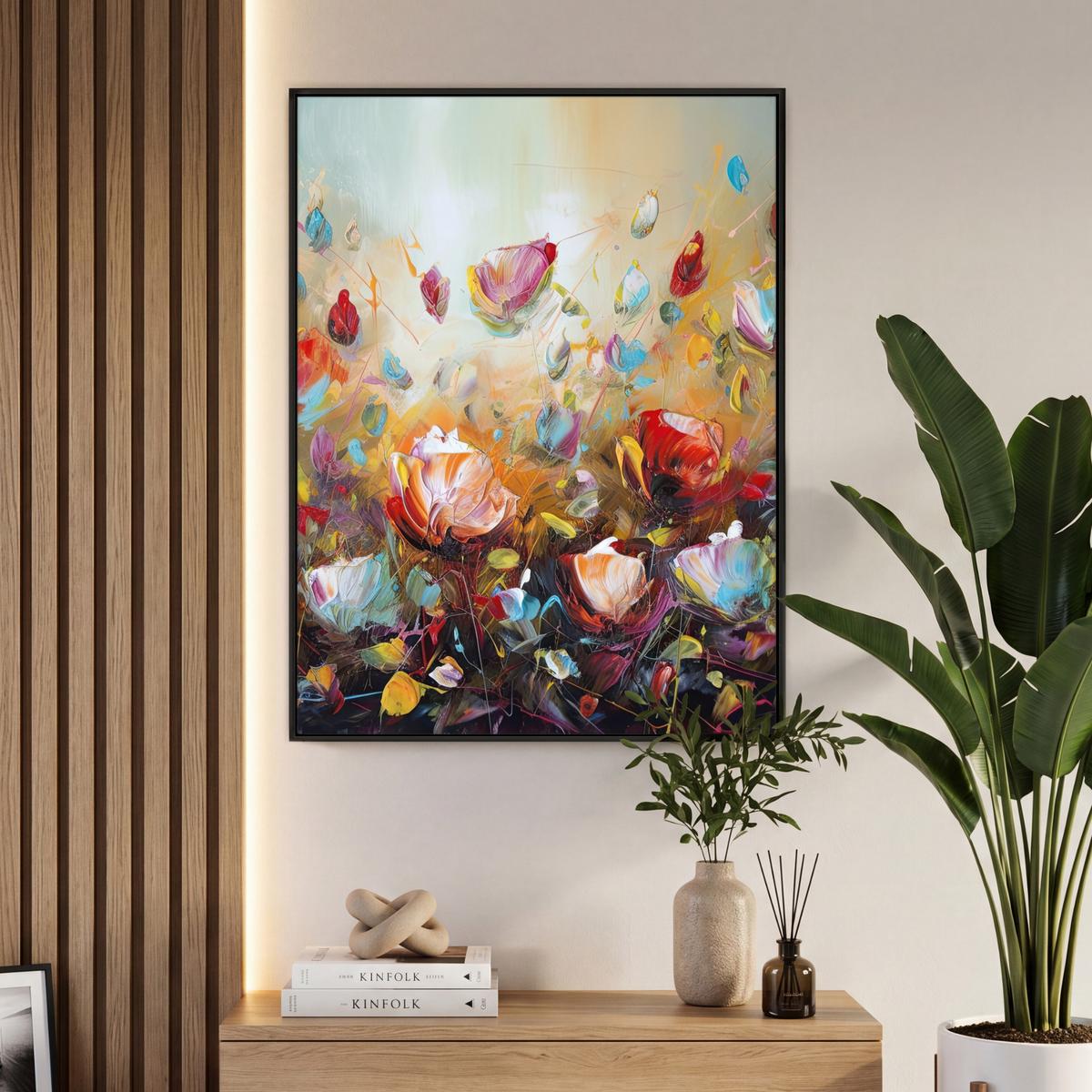 LEINWAND Bilder mit Rahmen - Blumen - Kunst - Natur - Ölgemälde - 70x100 - Multicolor, Textil (70/100cm) - MuchoWow