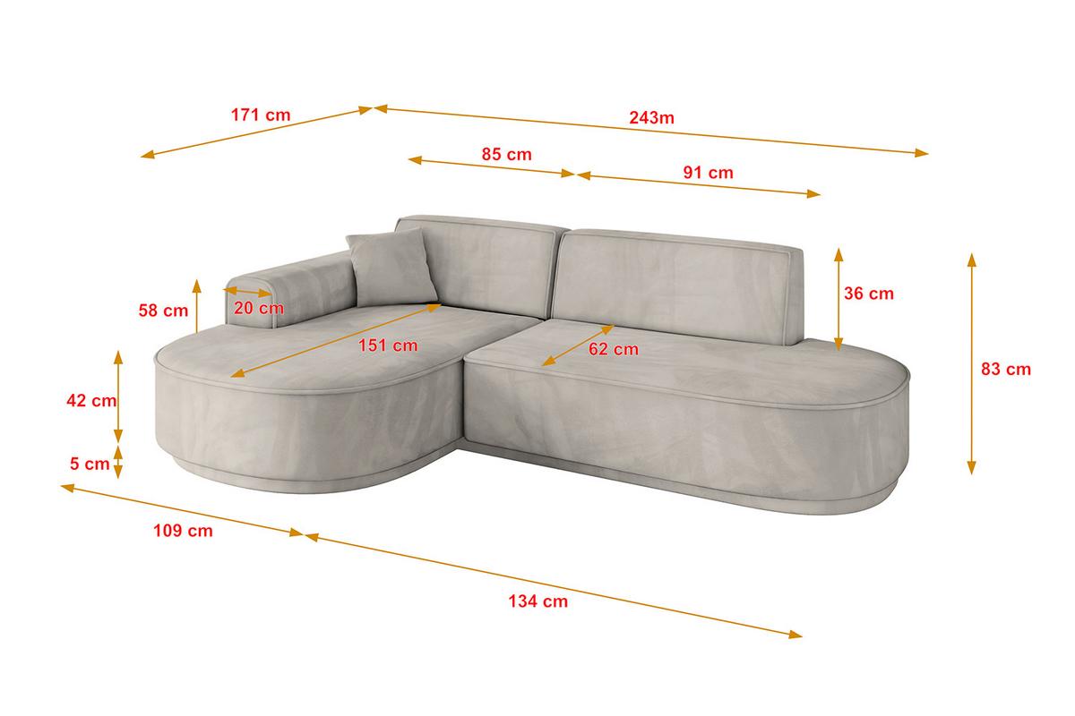 ECKSOFA Ottomane Links MARI-L1-v3 - 243x171x83 cm Hellbraun Velours - Hellbraun/Schwarz, Holzwerkstoff/Kunststoff (243/171cm) - ALTDECOR