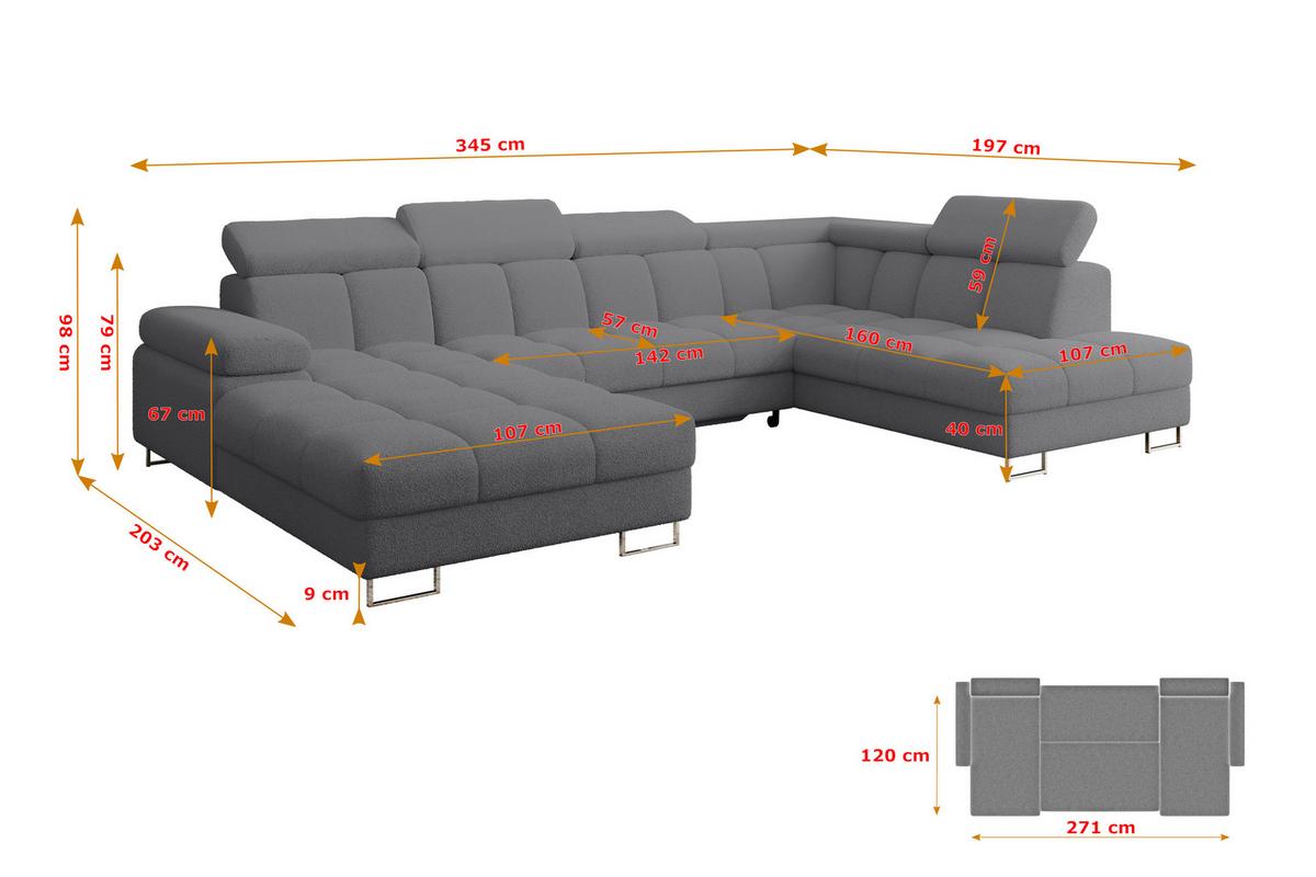 WOHNLANDSCHAFT mit Schlaffunktion und Bettkasten Ottomane RECHTS COMA U 345x203x79 Grau Bouclé - Chromfarben, Holzwerkstoff/Textil (203/79/345cm) - ALTDECOR