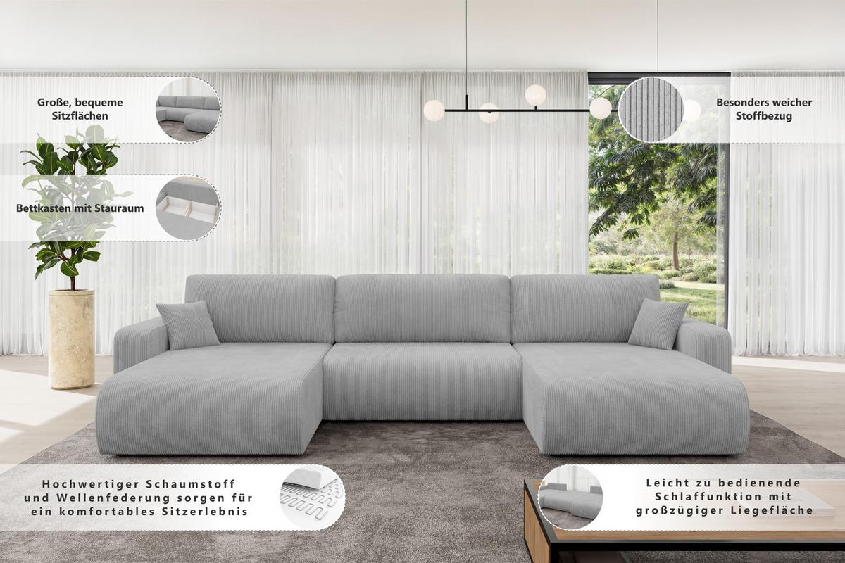 WOHNLANDSCHAFT mit Schlaffunktion und Bettkasten BERY-U 377x193x88 Braun Bouclé - Schwarz/Braun, Holzwerkstoff/Kunststoff (377/88/193cm) - ALTDECOR
